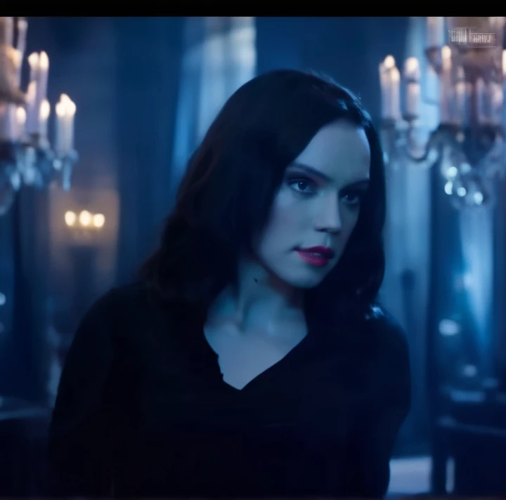 Daisy Ridley With a biggest generous bust seductive female vampire, wearing a tight, strapless Black dress, 