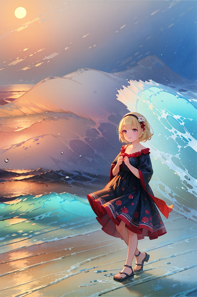 (8k,  super quality, masterpiece), ( Details),  one woman, cute,  smaller breasts, blonde, Navy Blue Dress, Red floral pattern, Sandals, Hawaiian Dress, whole body, soaked,  like a ,  best smile, sea, sea水浴, Water Drop,  their chest is soaked in water , Lots of water, Water Play, 