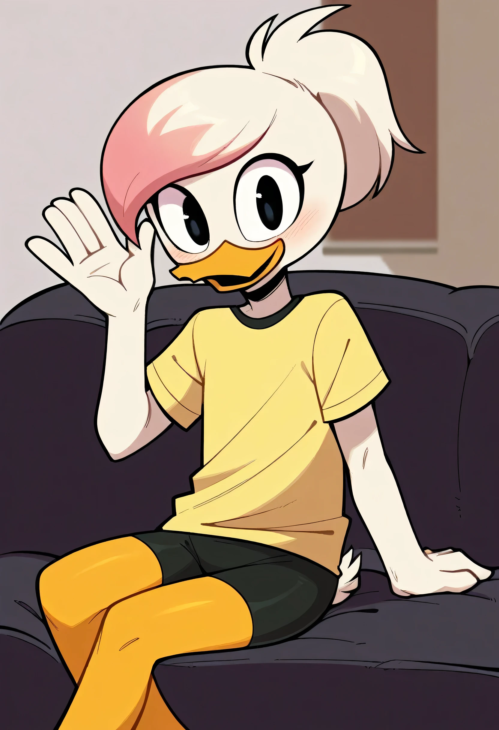 score_9, score_8_up, score_7_up, score_6_up, best quality, highres, source_furry BREAK drocll BREAK
1girl, solo, inside, living room, couch, sitting, duck, beak, Baily duck, young, white skin, white ponytail hair, happy, looking at viewer, black eyes, open smile, blush, short sleeves, yellow shirt, yellow shorts, bike shorts, waving hello