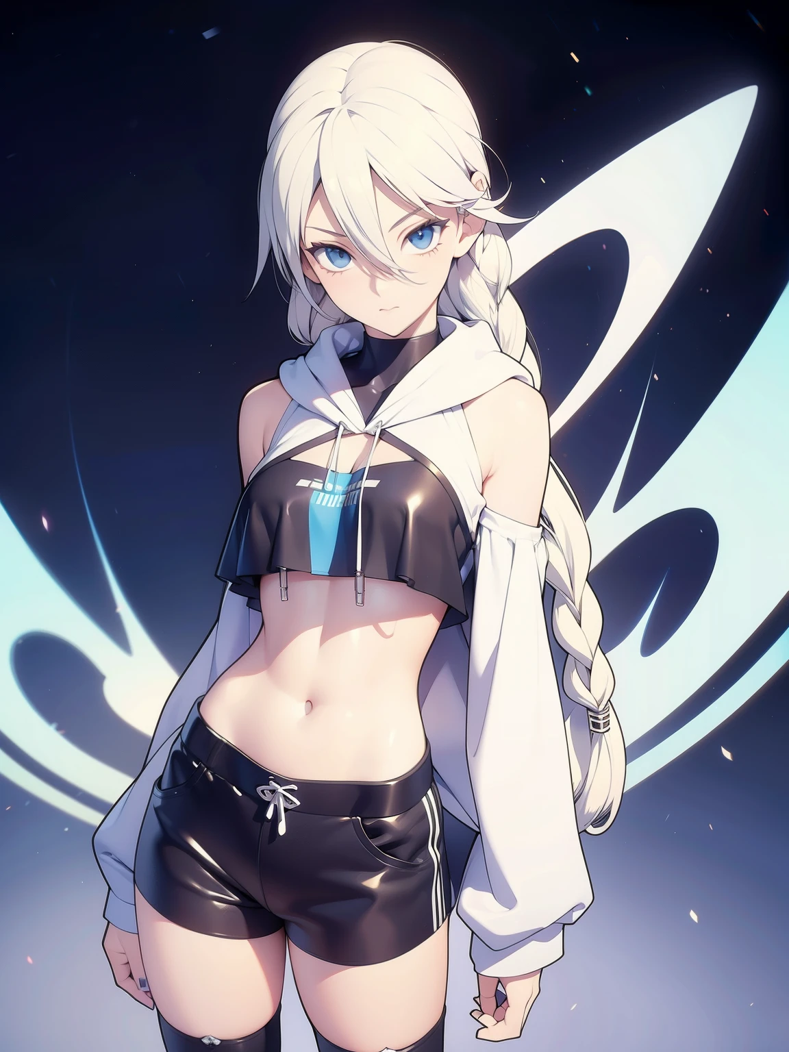 1girl, sexy 25yo girl, white long braided hair, light blue eyes, pale skin, dark eyeliner, slender, exposed midriff, navel piercing, black short shorts, thigh-highs, cropped hoodie, tube top, cleavage fashion model, dynamic angle, abstract background, depth of field, ((anime source)), Naughty, please, tease, seductive, unique, style