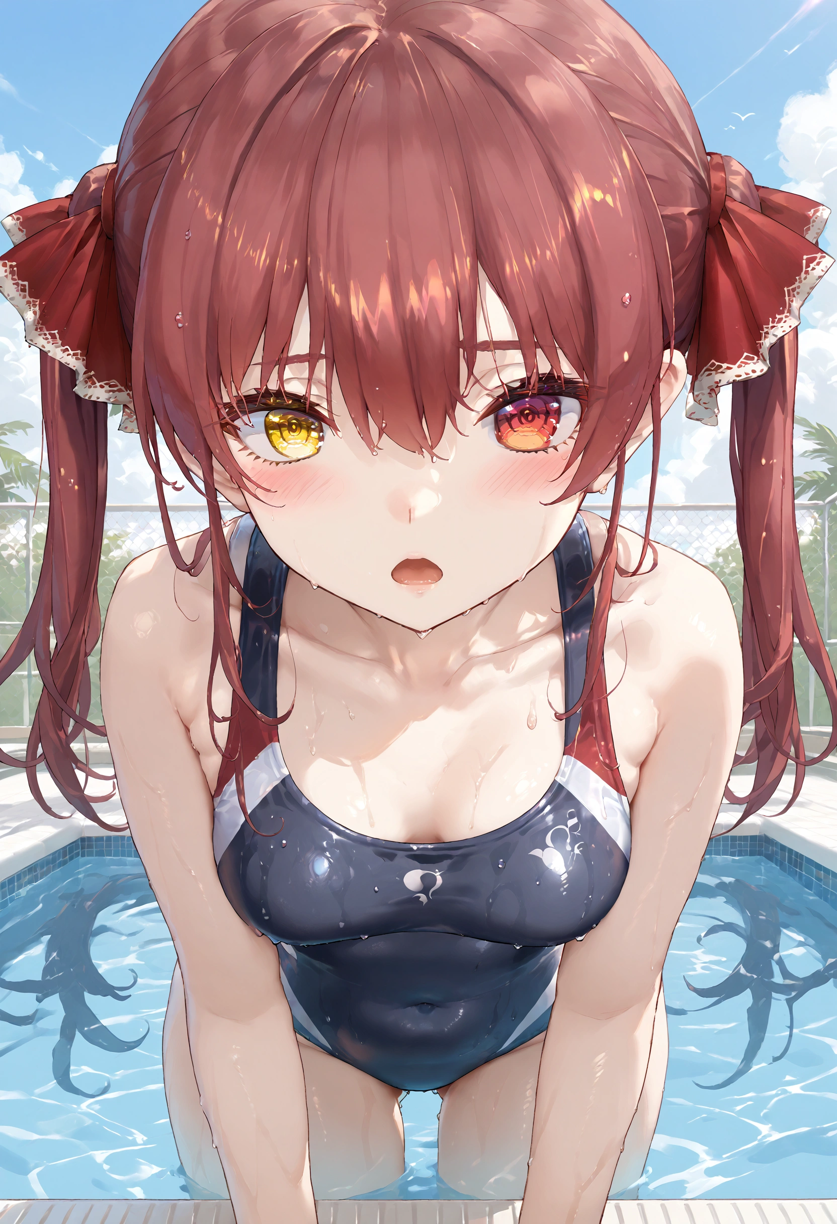 score_9,score_8_up,score_7_up,1girl,marine_nml,red hair,twintails,heterochromia,red eye,yellow eye,long hair,looking at viewer,collarbone, swimsuit, wet swimsuit, covered navel, pool,bent over,blush,moaning