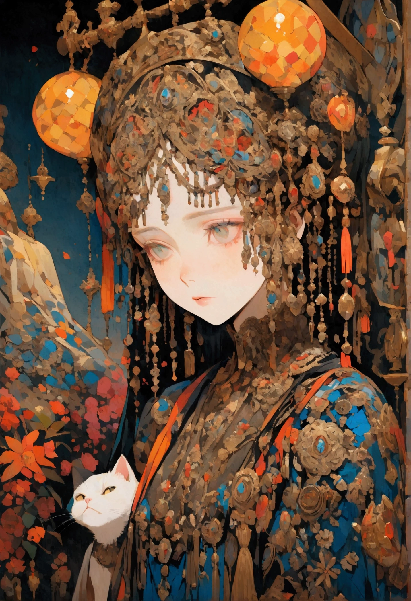 A whirlwind of magical golden breeze, and a ghostly-looking golden-furred male cat with greenish-yellow eyes. Hayao Miyazaki dream style, surreal animal illustration, exterior, sky, white clouds, arch, flowers, meiji art, light color painting, rich layers, realistic figurative painting, realistic portrait style with hyper detail, neotraditional Japan, soft edges, fantastic illustration (highly detailed CG unity 8k wallpaper), clean background, natural light, best quality, hyper detail