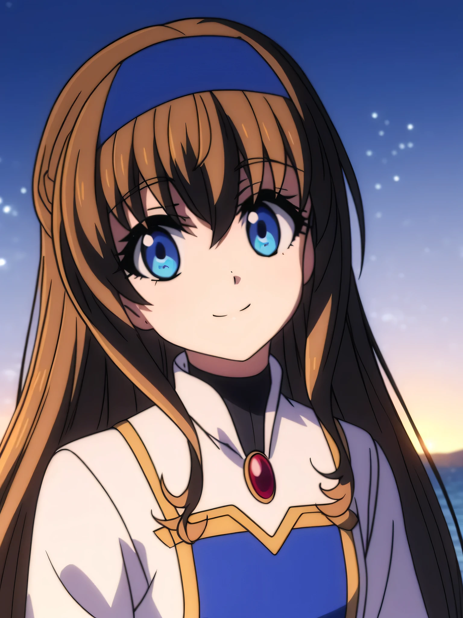 Ai shindou, 1 girl, long hair, floating hair,  blue sea eyes, prietress tunic, 