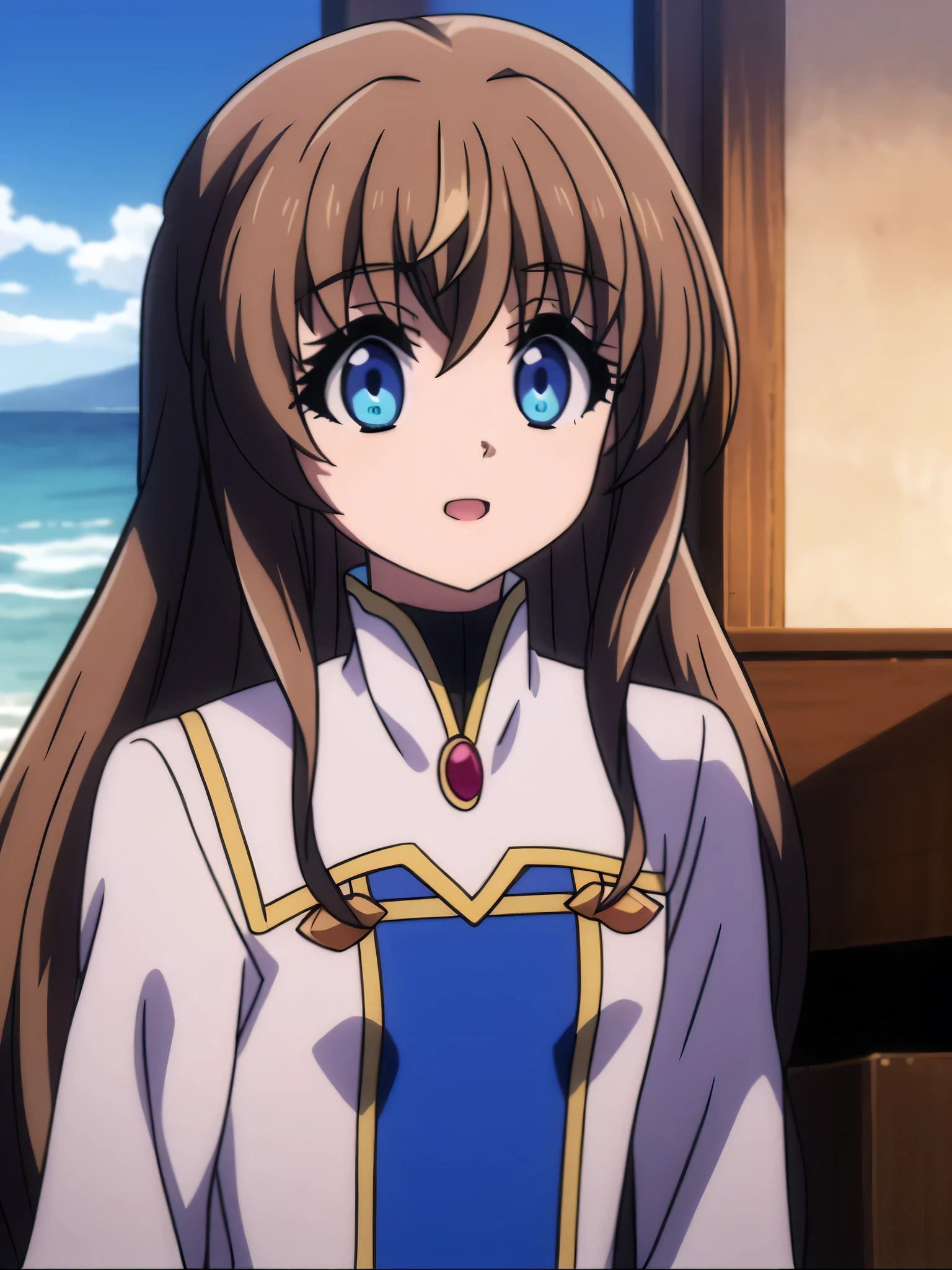 Ai shindou, 1 girl, long hair, floating hair,  blue sea eyes, prietress tunic, 