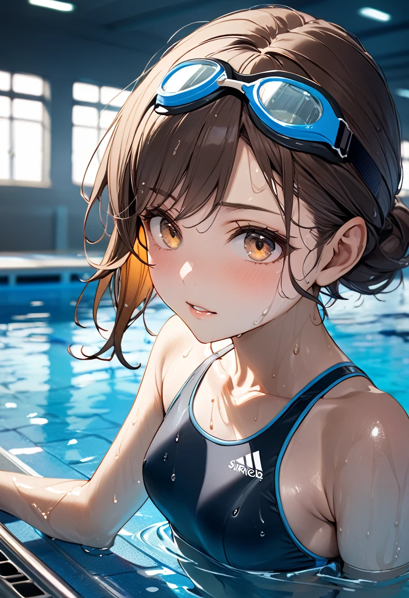 Ultra high resolution, rich colors, perfect image, top quality, detailed image, beautiful single woman,small breast, glowing skin, skin and clothing texture, delicate eyes, school pool, competitive swimsuit, swimming goggles, wet body, brown hair, browb eyes,snirking
