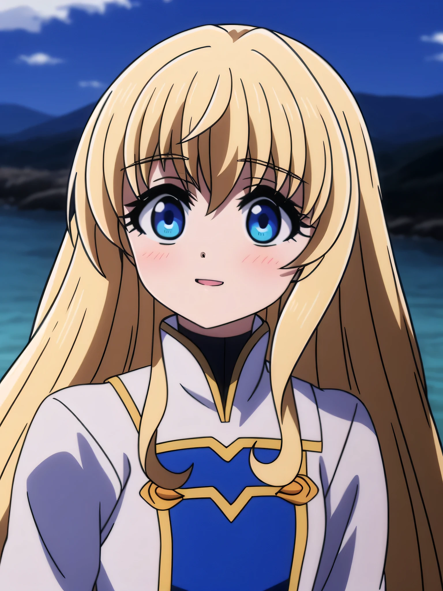 Ai shindou, 1 girl, long hair, floating hair,  blue sea eyes, prietress tunic, 