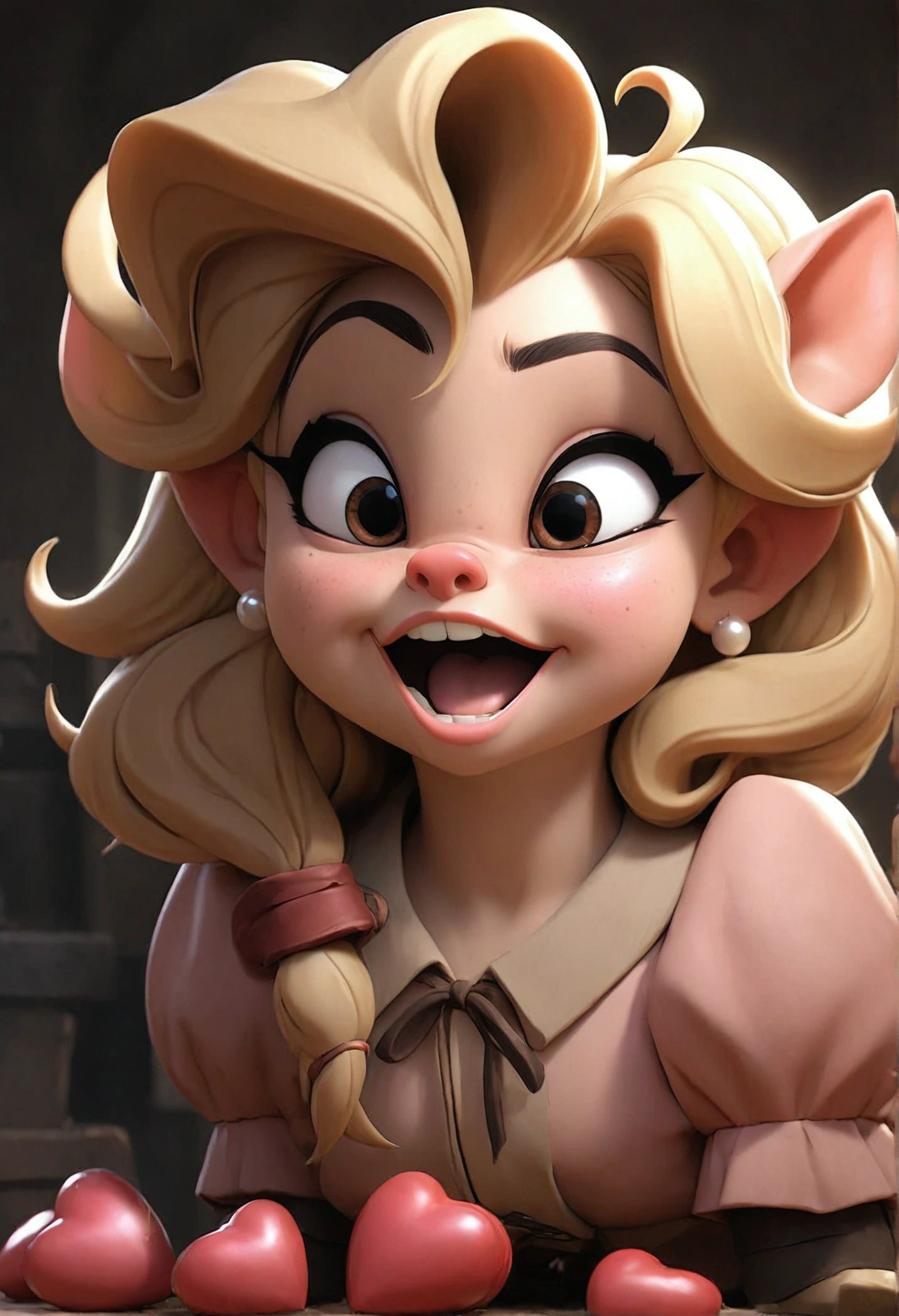 Create an illustrated, hand-drawn, full-color image of an humanoid, hybrid, anthropomorphic, sexy pig woman. The artwork should be rendered in the style of "Breath of the Wild," featuring warm lighting and shadows. Include graphite shading, stencil marks, and airbrushed acrylic paint effects. The image should be of the highest quality, a masterpiece with intricate details. cow nose, cow ears. The pig woman should have a female, humanoid, appearance. She should have luscious lips, a wide smile, and bright, expressive eyes, exuding beauty, cuteness, and adorableness. Ensure the image is high resolution and sharply detailed, with a detailed and vibrant background. Scarlett Johanson, Alison Brie, Dove Cameron Incorporate mystical lighting in the background, creating a romantic and enchanting atmosphere.
