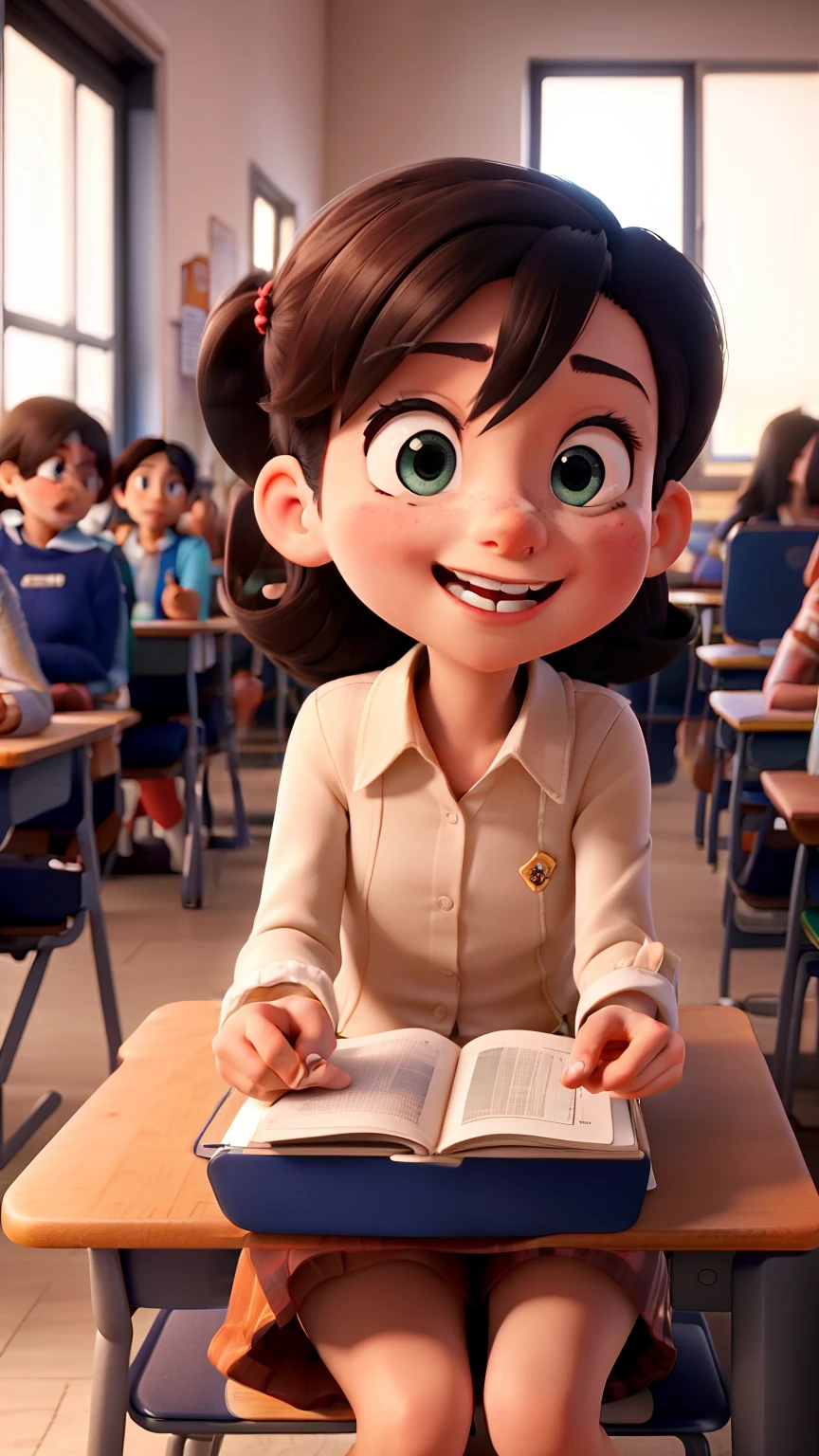 Obra-prima, de melhor qualidade, uma professora,de blusa vermelha, cabelo black, em frente uma escola