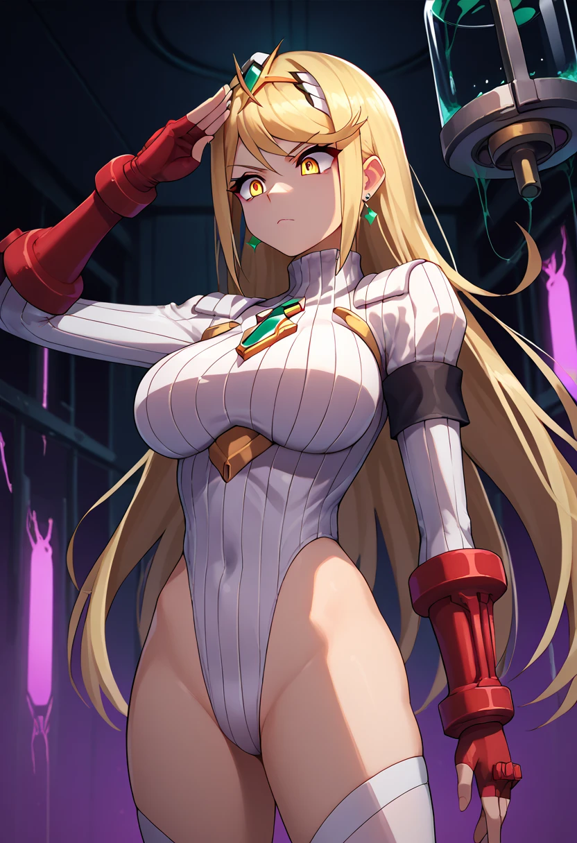 score_9, score_8_up, score_7_up, score_6_up, source_anime, 1girl, solo,mthrdef, yellow eyes, blonde hair, long hair, tiara, earrings, chest jewel, large breasts,(white dollsuit),void eyes,emotionless,corruption,salute,laboratory, cowboy shot,low view, looking down, speaking