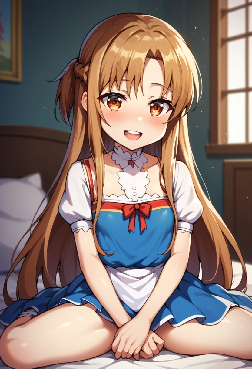 (( best quality)), ((masterpiece)), (be familiar with),  perfect face, indoor, bedroom,  watching viewers,
One woman,  Asuna Yuki,
 characters with open mouth ,  ecstatic expression with hands in front of body, blush, smile,
Small breasts,  flat chest, Young girl, Lori,  ,  girl,
 long hair,  long hair,
Leg spread,