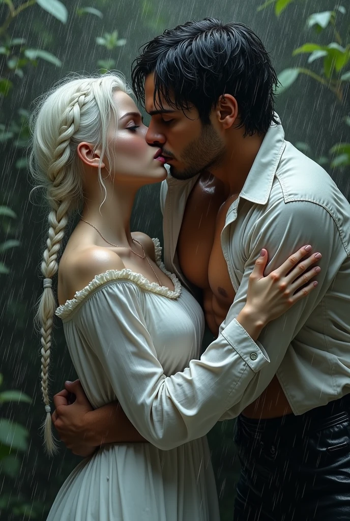 two mens, an 18 year old young man, short red hair , wearing jeans and a white t-shirt, lean, muscular body and red hair, and a young man with long white hair and a youthful appearance, around 30 years old, look like henry cavill, with animal leather pants, bare chest and holding a sword, kissing in front of a 12th century hut on a rainy day