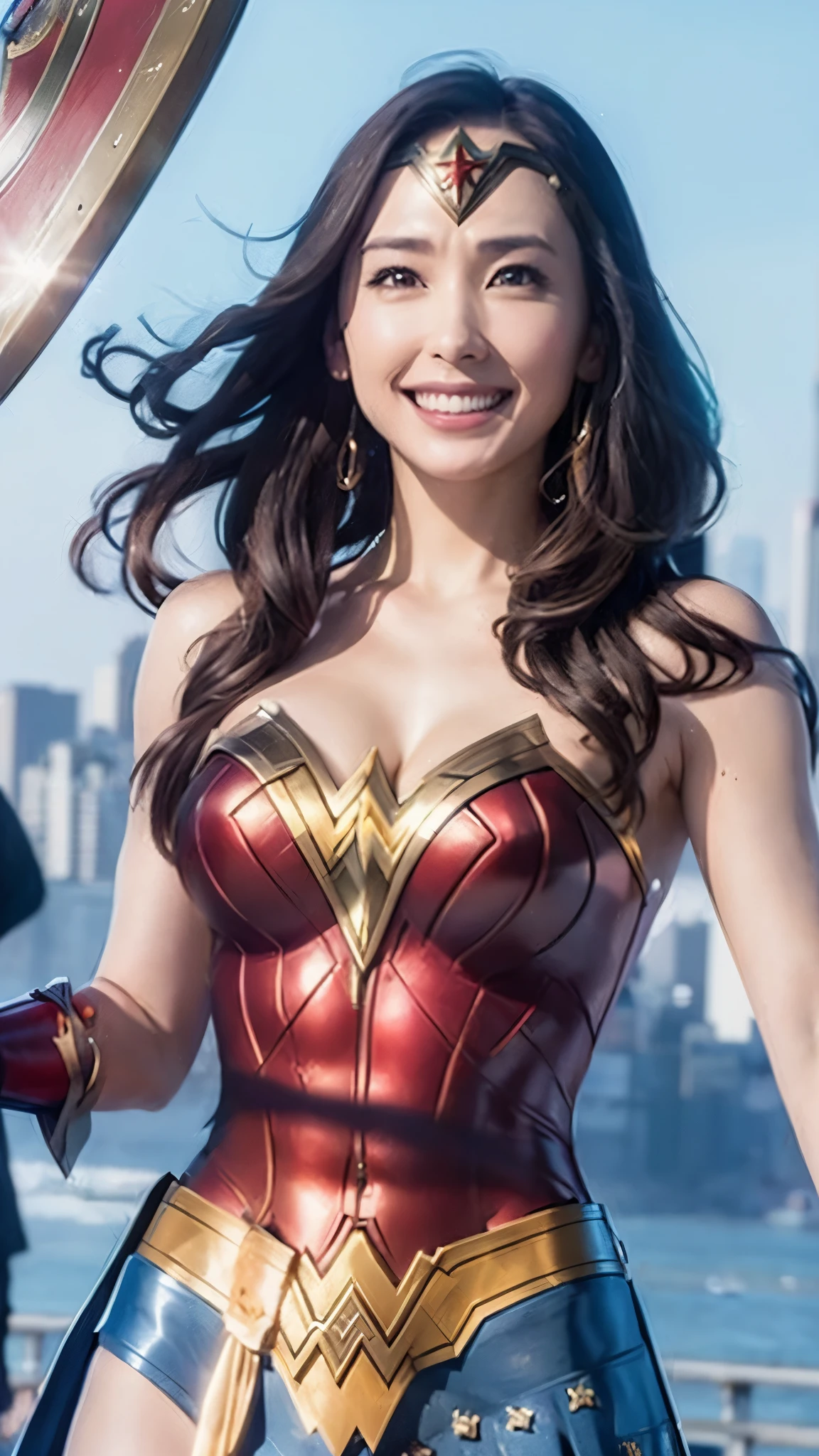 Heavy Rain, Smoke Clouds ,  Wonder Woman in War Costumes 、Holding a Wonder Woman sword in her right hand 、 holding a Wonder Woman shield in her left hand 、Wonder Woman's crown is visible on her forehead、Japanese actress Aragaki Yui wearing Wonder Woman armor, Portrait of a brave standing figure holding a sword and legs open、 big enough to stick out of the body , Smiling, Horizontal Angle, Portrait from her waist up ,  focus from chest to face ,  staring at the camera,  with the city of Manhattan in New York in the background, Anatomically correct 、