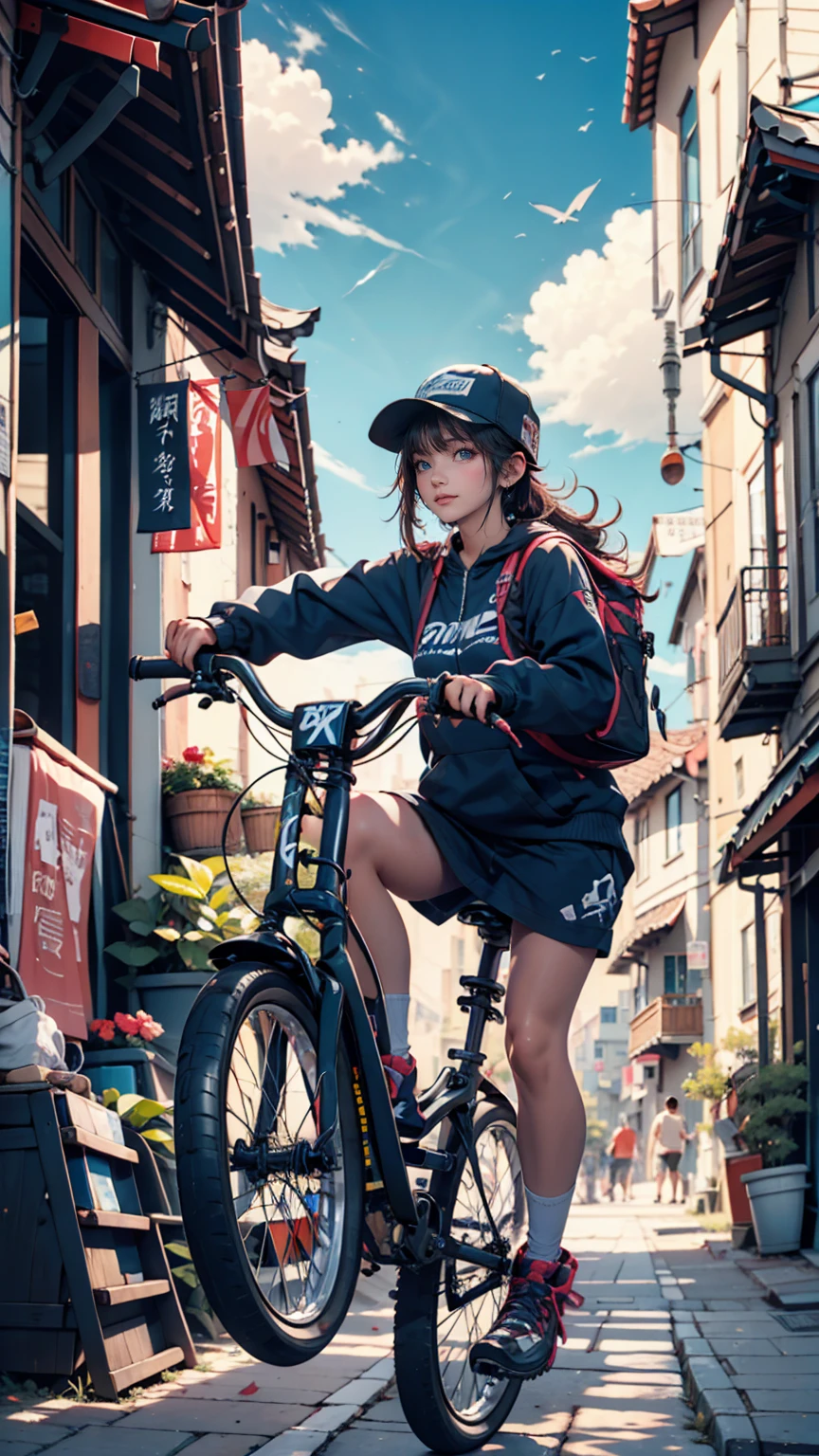 Ride a BMX down a slope in the old town。blue sky、cloud