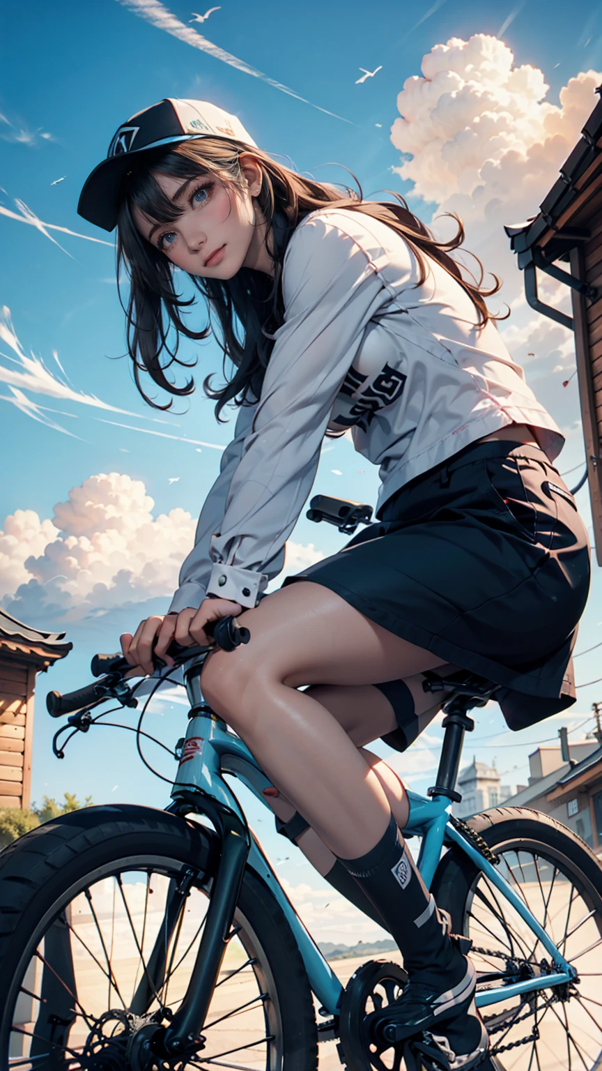 Ride a BMX down a slope in the old town。blue sky、cloud