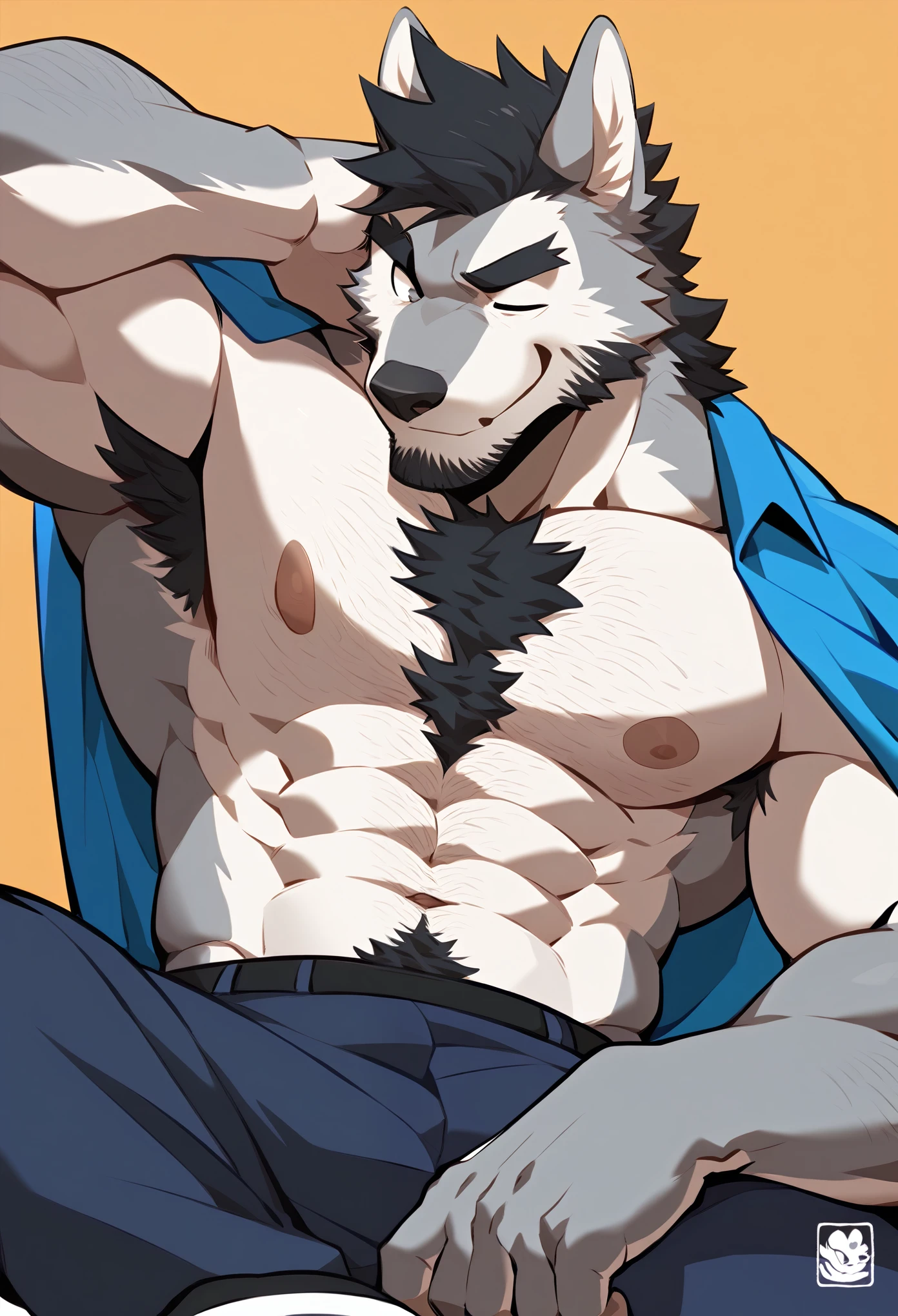 Anime character: Priapus, muscular 20-something male, masculinity, male focus, male, 1boy, male, Silver gray, thick and slightly shaggy. Has furry wolf ears in the same silver gray shade. Eyes: Amber, almost glowing. Predatory gaze. Body: Muscular, broad-shouldered, hairy chest/forearms, very hairy and musky armpits, Face: Chiseled jawline, straight nose, scruffy facial hair,Mullet, thick eyebrows, Features: A scar across his left eyebrow. Gray wolf tail. Wears a blue college jacket with a [SUCC] logo, a white tanktop underneath ripped jeans and sneakers, Demi-human, full and firm chest muscles, muscular male, muscular, short black hair, thick eyebrows, stubble, ((human))