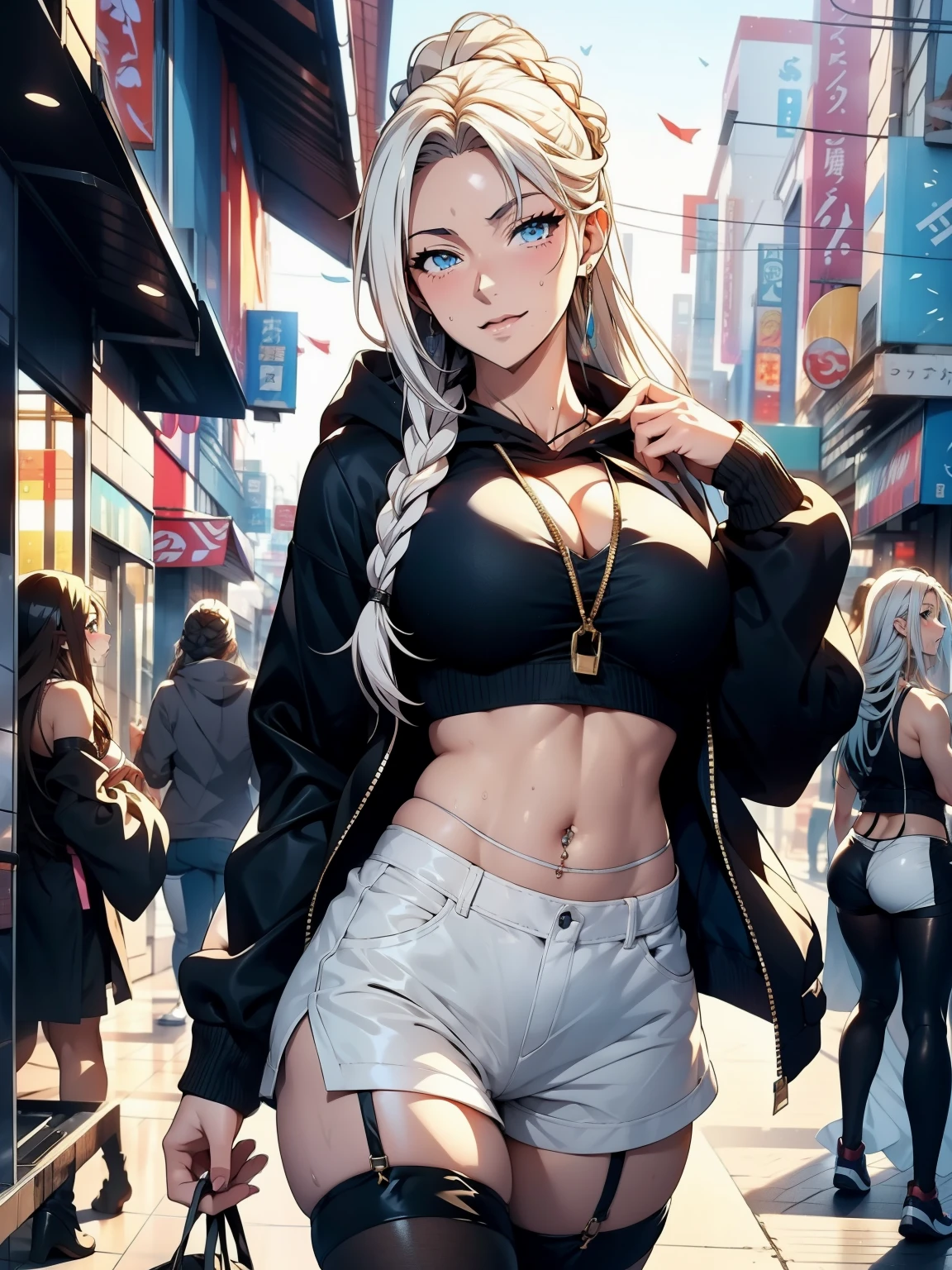 1girl, sexy 25yo girl, white long braided hair, light blue eyes, pale skin, dark eyeliner, slender, exposed midriff, navel piercing, black short shorts, thigh-highs, cropped hoodie, tube top, cleavage fashion model, dynamic angle, abstract background, depth of field, ((anime source)), Naughty, please, tease, seductive, unique, style