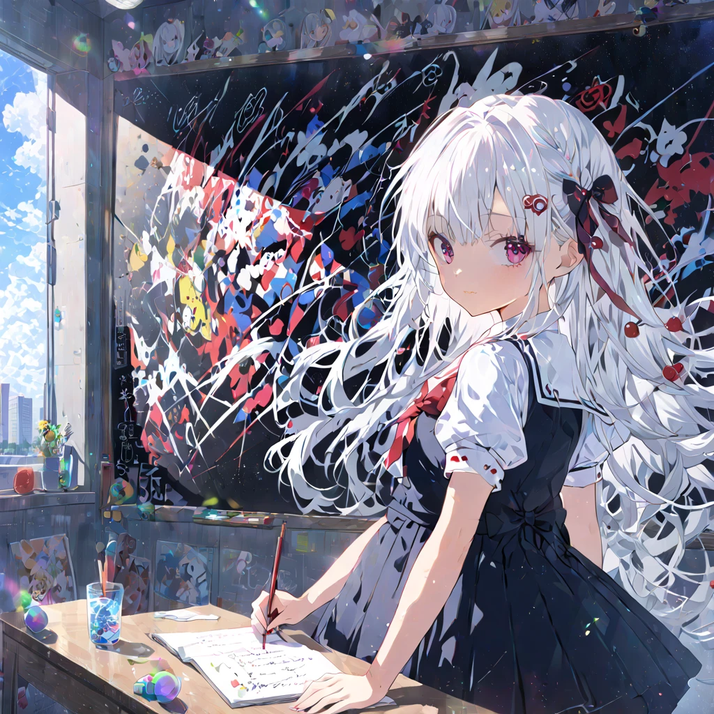 Anime girl writing on the blackboard in the classroom, Beautiful anime high school girls,  young anime girl ,  Anime Art Wallpaper 8K,  Anime Art Wallpaper 4K,  anime art wallpaper 4k , Anime Style 4k,  cute anime girl , White Hair Girl,  surreal high school girl, 完璧なWhite Hair Girl, anime wallpaper 4k, anime wallpaper 4k