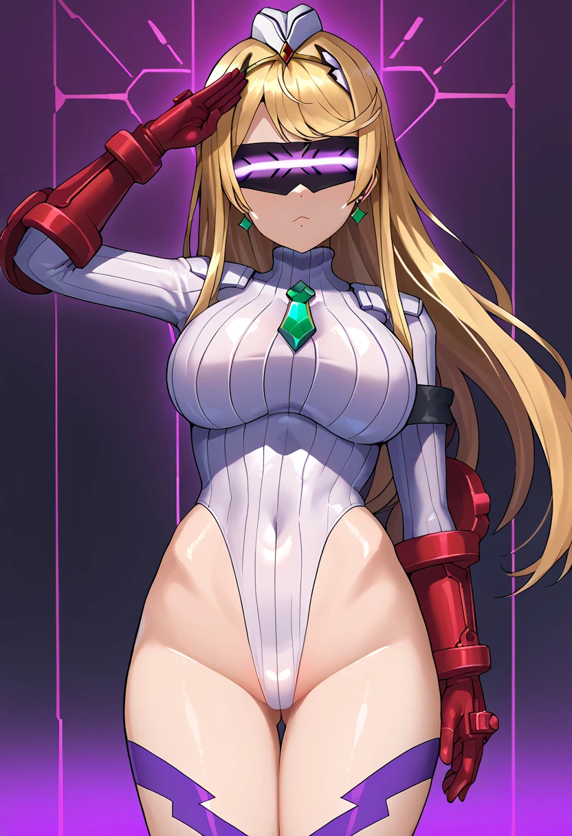 score_9, score_8_up, score_7_up, score_6_up, source_anime, 1girl, solo,mthrdef, purple visor,glowing visor, blonde hair, long hair, tiara, earrings, chest jewel, large breasts,(white dollsuit),void eyes,emotionless, dark persona,corruption,salute,laboratory, cowboy shot