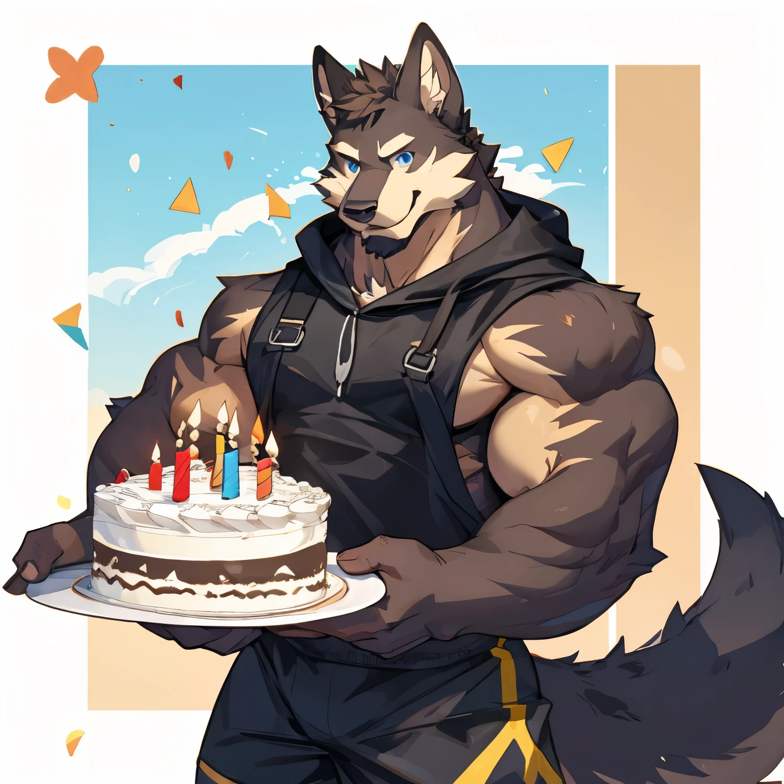 独奏，White Wolf Orcs，Handsome model，Wear a beige hoodie，sitted，birthday party，eating a cake，Face with cream，laughingly，Bright light