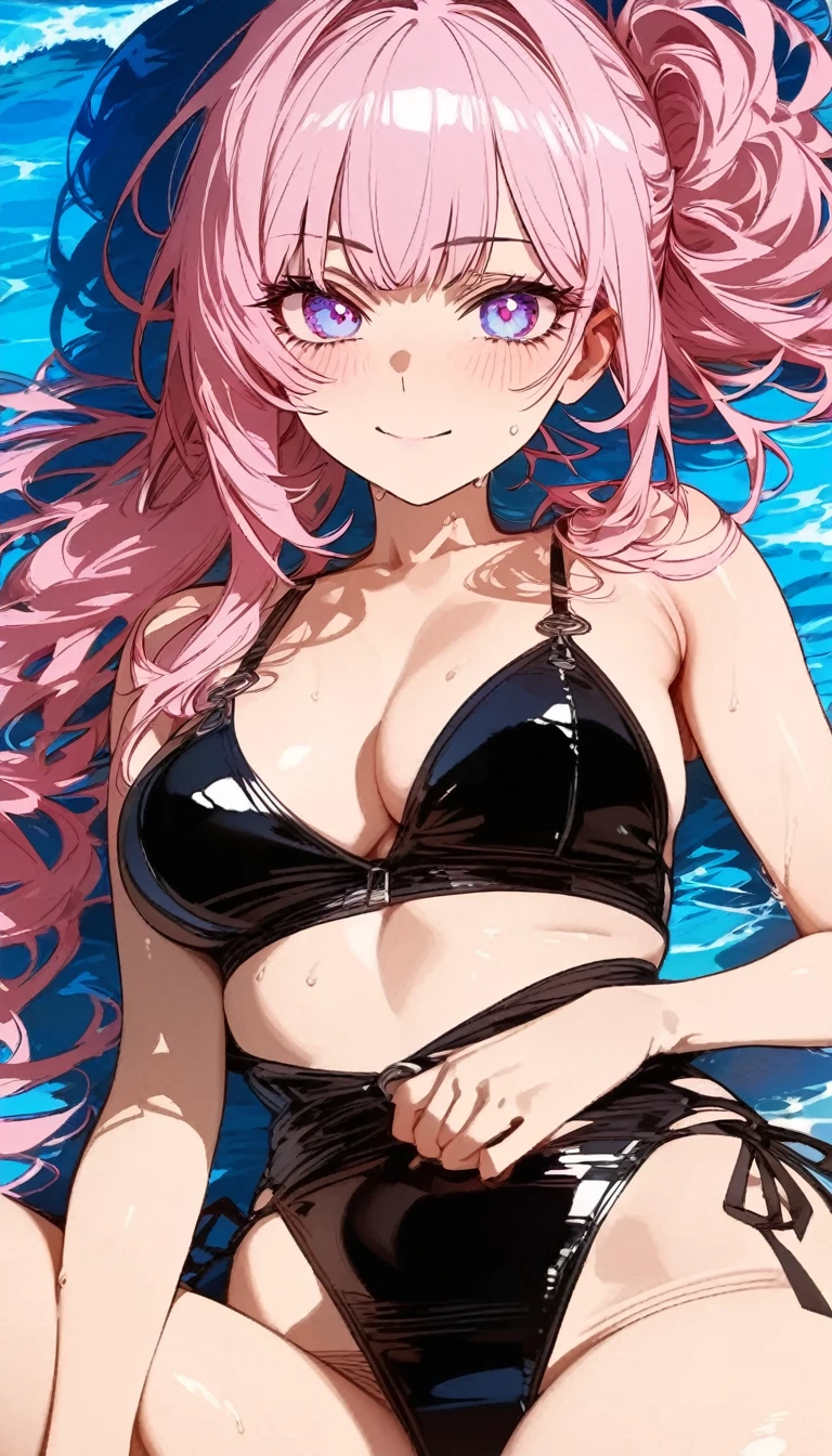 masterpiece, best quality, absurdres, perfect antomy, Perona, circle-shaped eyes, black eyes, twintails, twin drills, 1girl, solo, cowboy shot, outdoors, beach, bikini