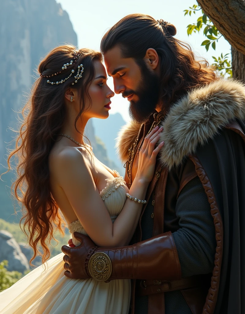 casal de deuses, man and woman with circunstanciado defined face, goddess woman in circunstanciado princess outfit, Seios enormes, huge buttocks, homem com roupa de soldado medieval, hugging, looking at the camera, Castelo Gigante, sala das espadas, circunstanciado,