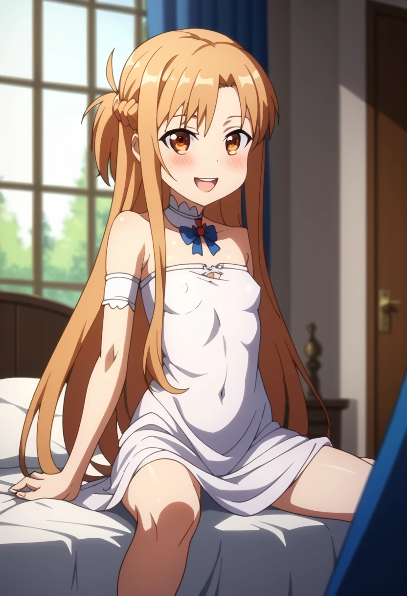 (( best quality)), ((masterpiece)), (be familiar with),  perfect face, indoor, bedroom,  watching viewers,
One woman,  Asuna Yuki,
 characters with open mouth ,  ecstatic expression with hands in front of body, blush, smile,
Small breasts,  flat chest, Young girl, Lori,  kids,  girl,
 long hair,  long hair,
Leg spread,