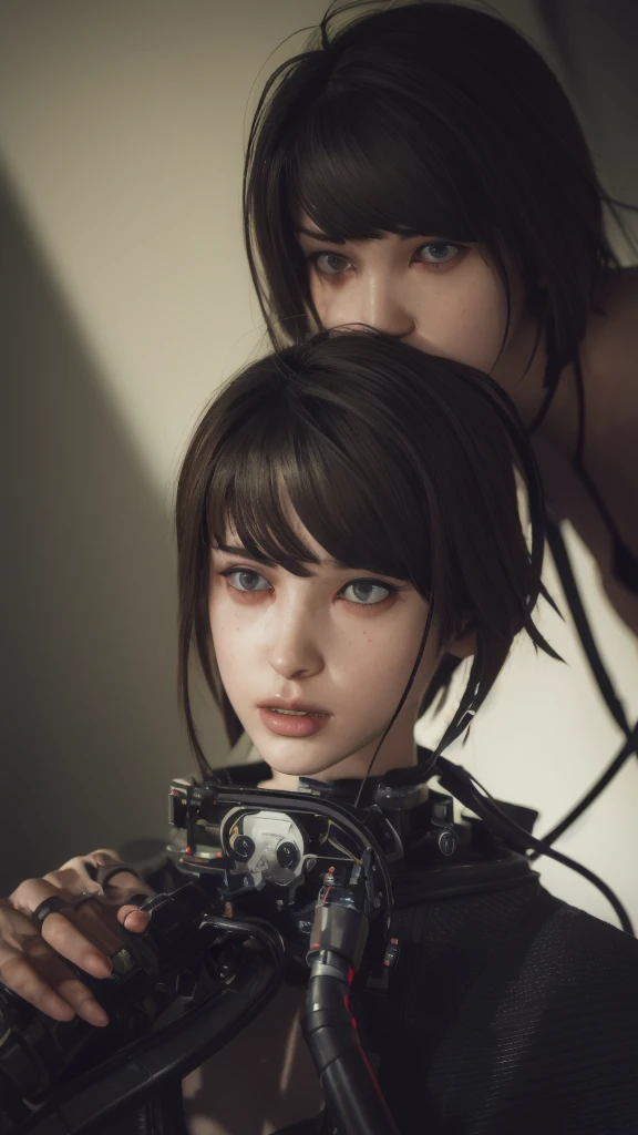 Top Quality, Masterpiece, Ultra High Resolution, (Photorealistic: 1.4), Raw Photo, 1 Girl, Black Hair, Glossy Skin, 1 Mechanical Girl, (Ultra Realistic Detail)), Portrait, Global Illumination, Shadows, Octane Rendering, 8K, Ultra Sharp, Big, Cleavage Exposed Raw Skin, Metal, Intricate Ornament Details, Headset, Hydraulic cylinder, very intricate details, realistic light, CGSoation trend, purple eyes, glowing eyes, facing the camera, neon details, mechanical limbs, blood vessels connected to the tube, mechanical vertebrae attached to the back, mechanical cervical attachment to the neck, sitting, wires and cables connecting to the head, evangelion, cyberpunk, small LED lamp, The background is the cockpit of a futuristic spaceship