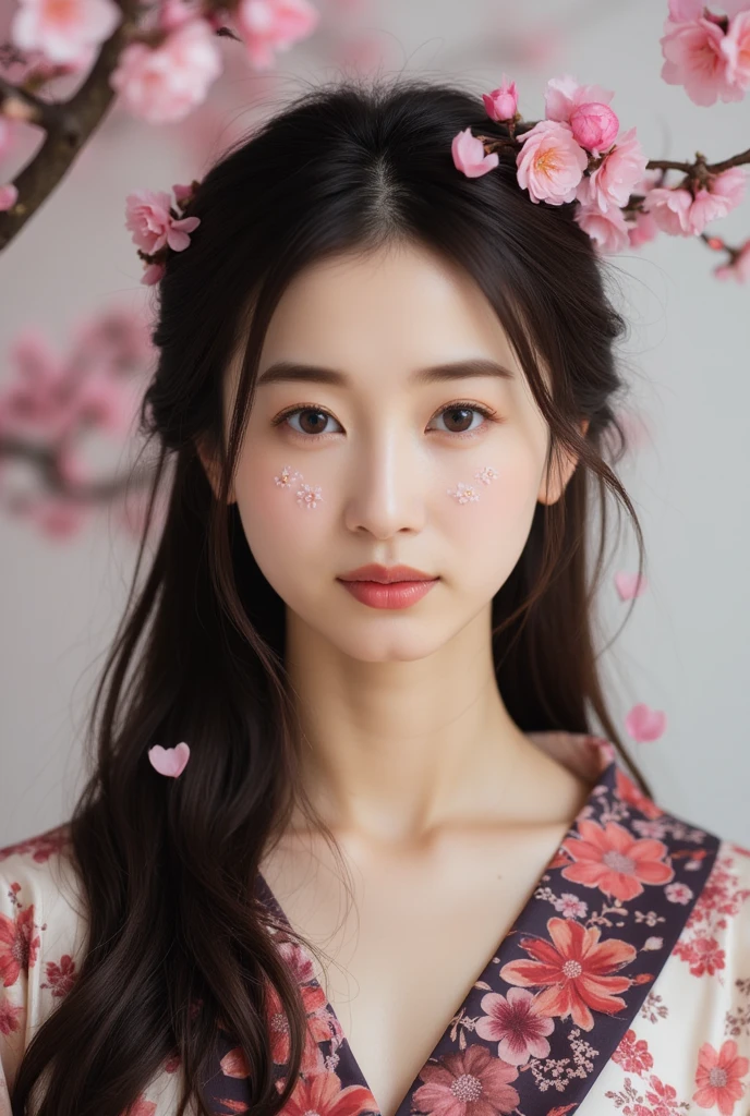 A close-up portrait of a beautiful woman with traditional East Asian aesthetics. She has delicate cherry blossom petals painted on her cheeks, enhancing her natural beauty. Her expression is calm and serene, with slightly parted lips and deep, expressive eyes. Her long dark hair flows naturally, with cherry blossom branches and flowers adorning her hair. She is wearing a floral kimono with intricate patterns in pink, red, and dark shades. The background is soft, blurred, with additional cherry blossom branches creating a dreamy and ethereal atmosphere. The color scheme includes soft pastels and muted tones, giving the image a gentle and romantic feel. Lighting is soft and diffused, emphasizing her facial features and the floral details. 