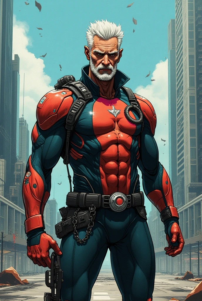 city, hero suit, old man, man, muscle, crotch bulge, full body figure, night, alone, revealing clothes,hentai