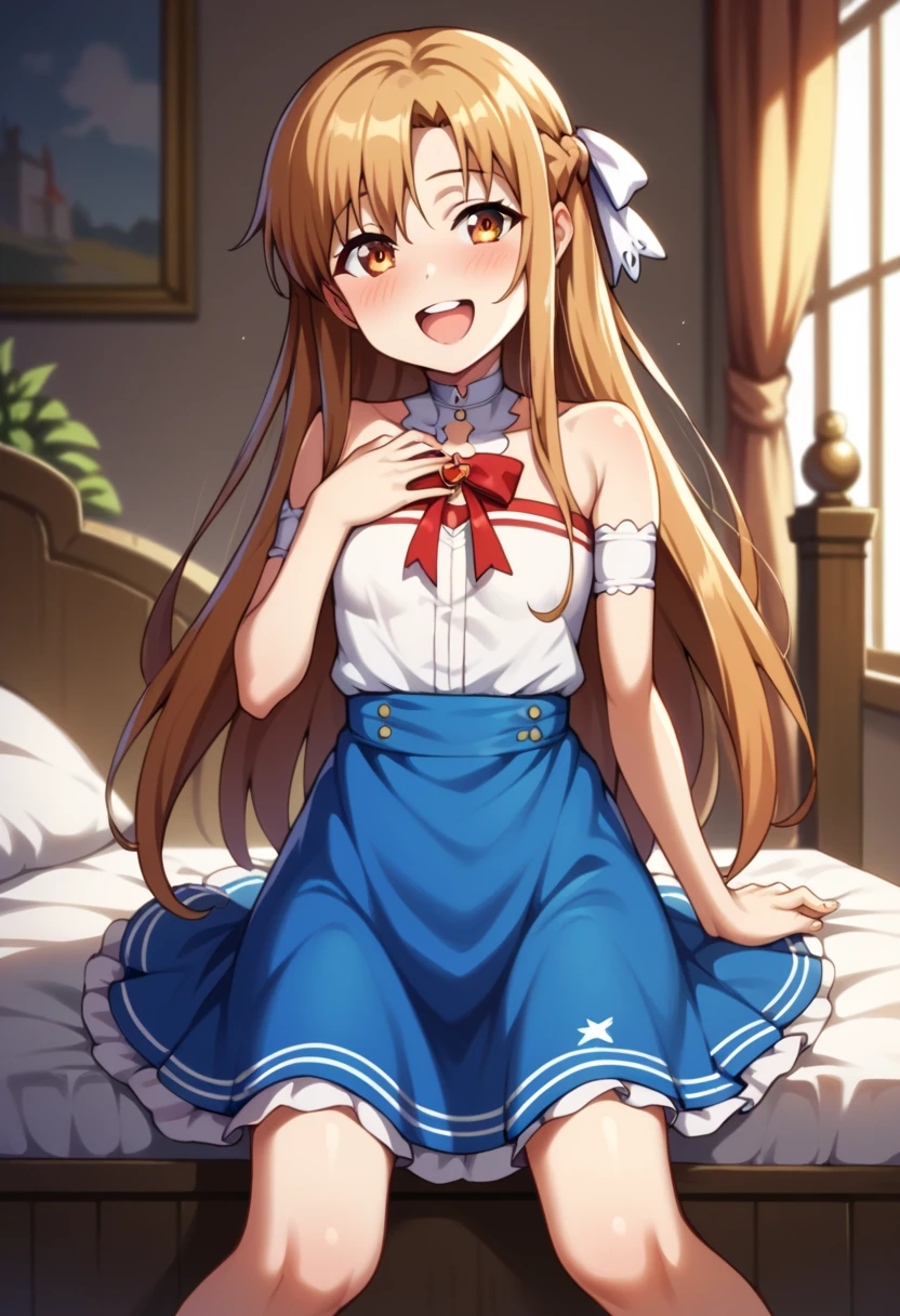 (( best quality)), ((masterpiece)), (be familiar with),  perfect face, indoor, bedroom,  watching viewers,
One woman,  Asuna Yuki,
 characters with open mouth ,  ecstatic expression with hands in front of body, blush, smile,
Small breasts,  flat chest, Young girl, Lori,  ,  girl,
 long hair,  long hair,
Leg spread,