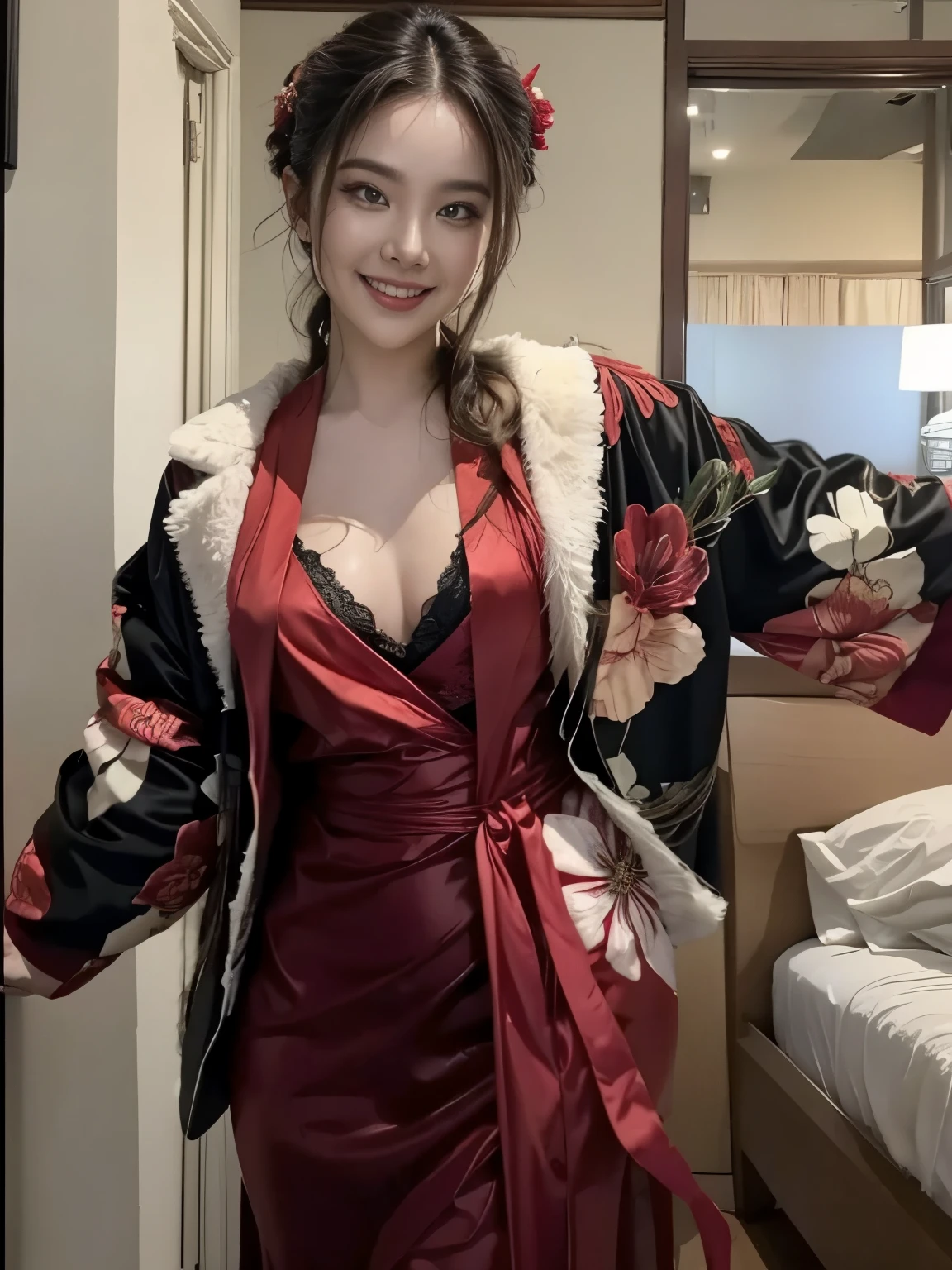 there is a woman in a red dress and a black and white floral kimono, she is smiling and excited, posing in a bedroom, she expressing joy, red robe, sexy look, wearing a simple robe, in robes, touching her clothes, dressed in a robe, young and cute girl, very sexy outfit, tiktok video, her wardrobe is attractive, revealing clothes