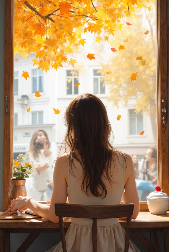 A watercolor painting of a girl with loose hair sitting in a café. She is seen from behind, with an air of contemplation. Through the window, autumn leaves can be seen falling outside, adding a touch of seasonal warmth to the scene