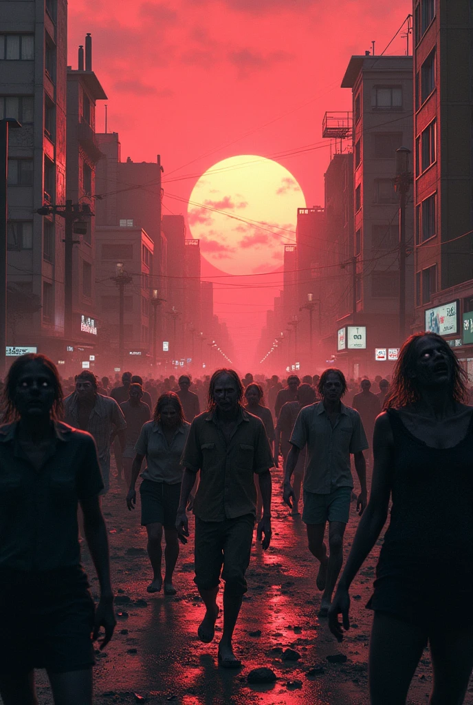 A post-apocalyptic environment, with the sky filled with smoke, a destroyed city, with many nervous zombies.