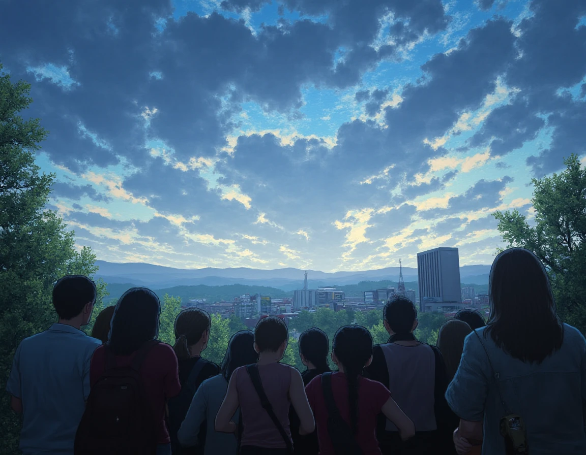 People stand outside the building,The background is sunset, watching the sunset. anime big breast, opening scene, 3 d render and matte painting, Sunset!!!, With sunset, Sunset atmosphere, golden hour scene, warm sundown, realistic matte painting, Lens flare. occult photorealism, Sunset!, optimistic matte painting, golden hour cinematic