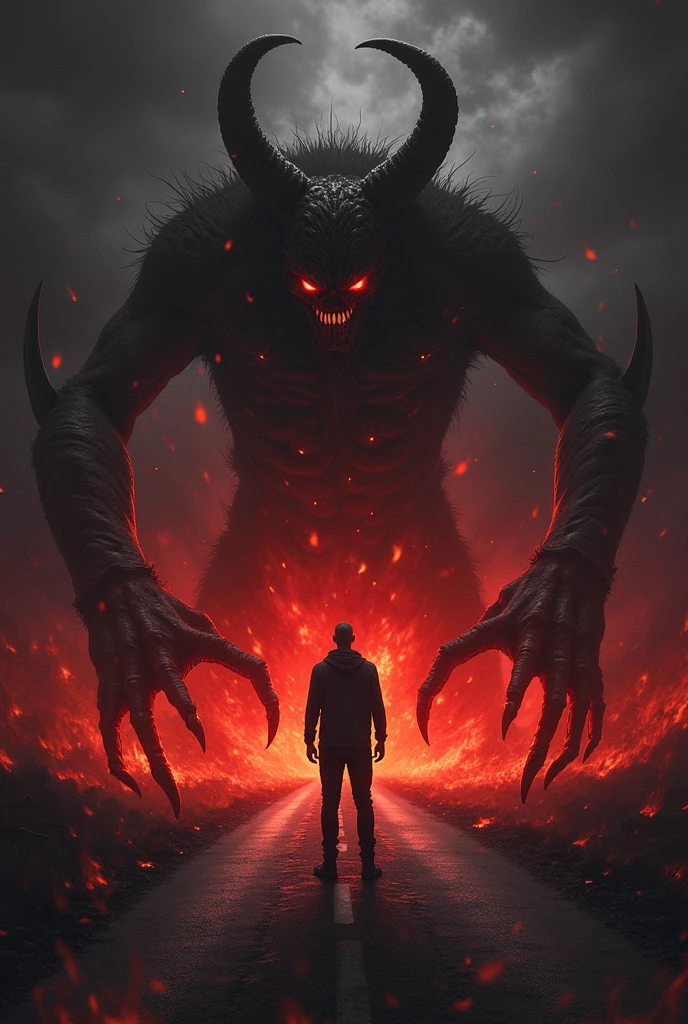 Many Devils So many devils and one man ,, fire one road and black sky - SeaArt AI