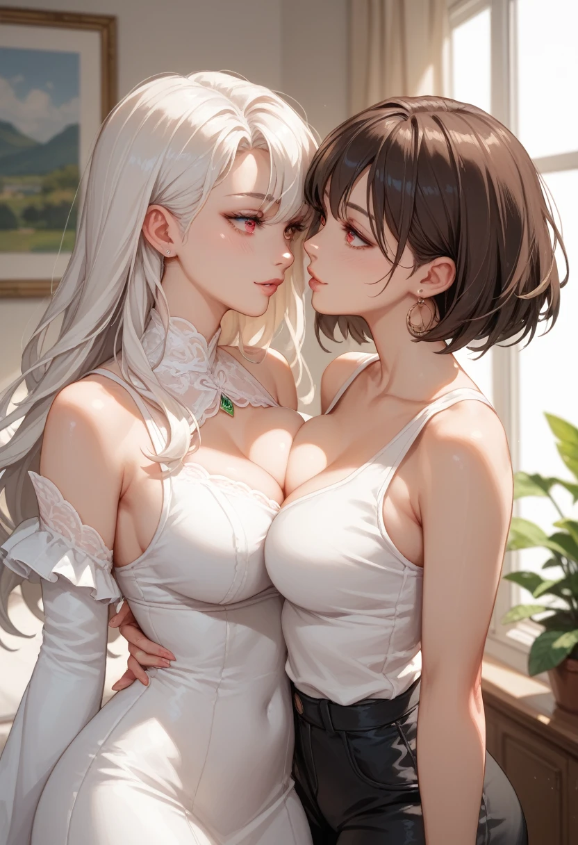 Anime, 2girls, white hair, red eyes, all parts shown, no bra, lace white choker, lace white panties, sopping wet panties, sweaty, silver chains, not realistic, huge breasts, whole body, slender waist, lesbian, kiss, embrace