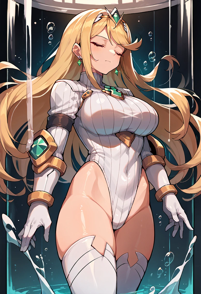 score_9, score_8_up, score_7_up, score_6_up, source_anime, 1girl, solo,mthrdef, closed eyes,blonde hair, long hair, tiara, earrings, chest jewel, large breasts,(white dollsuit),stasis tank, in container,air bubble, glowing,floating hair,cowboy shot