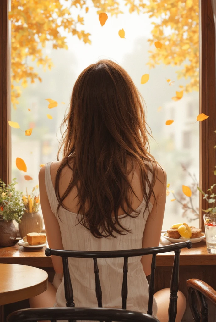 A watercolor painting of a girl with loose hair sitting in a café. She is seen from behind, with an air of contemplation. Through the window, autumn leaves can be seen falling outside, adding a touch of seasonal warmth to the scene