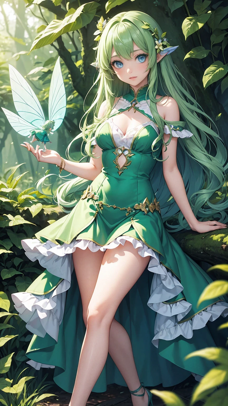  Girl with long curly blond hair, realistic detailed blue eyes wearing short green dress ,  wearing green high heels , She is a fairy , with transparent wings,  with a wand in her hands in an enchanted forest. 