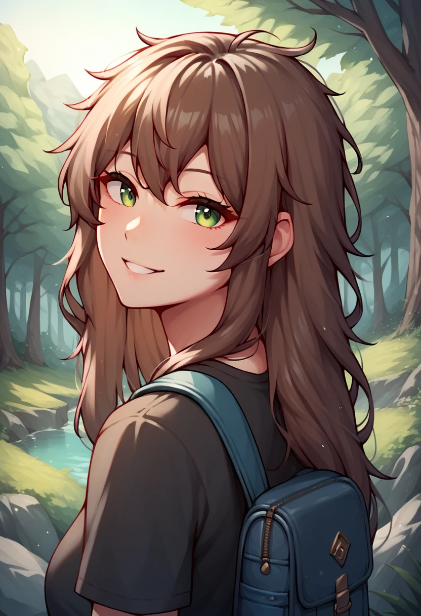 score_9, score_8_up, score_7_up, score_6_up, score_5_up, score_4_up, source_anime, 1girl, lisadef, upper body, sexy smile, brown hair, long hair, green eyes,  messy hair, black shirt, backpack, forest, trees, full body, worth, turn your back, looking at the viewer, best quality, best res, 4K UHD, Close-Up, 