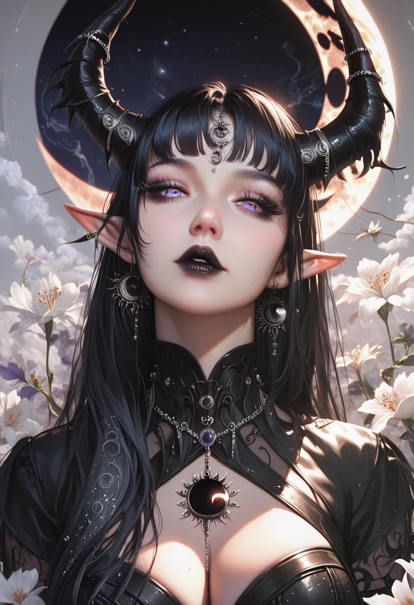 ((masterpiece)), (( High resolution)), (( lunar eclipse background  )),   beautifully detailed woman, ,  Long black hair, elf ears,  Detailed eyes, grey iris ,   long lashes ,  detailed facial features , black lipstick, demon horns,  black jewels ,  big breasts