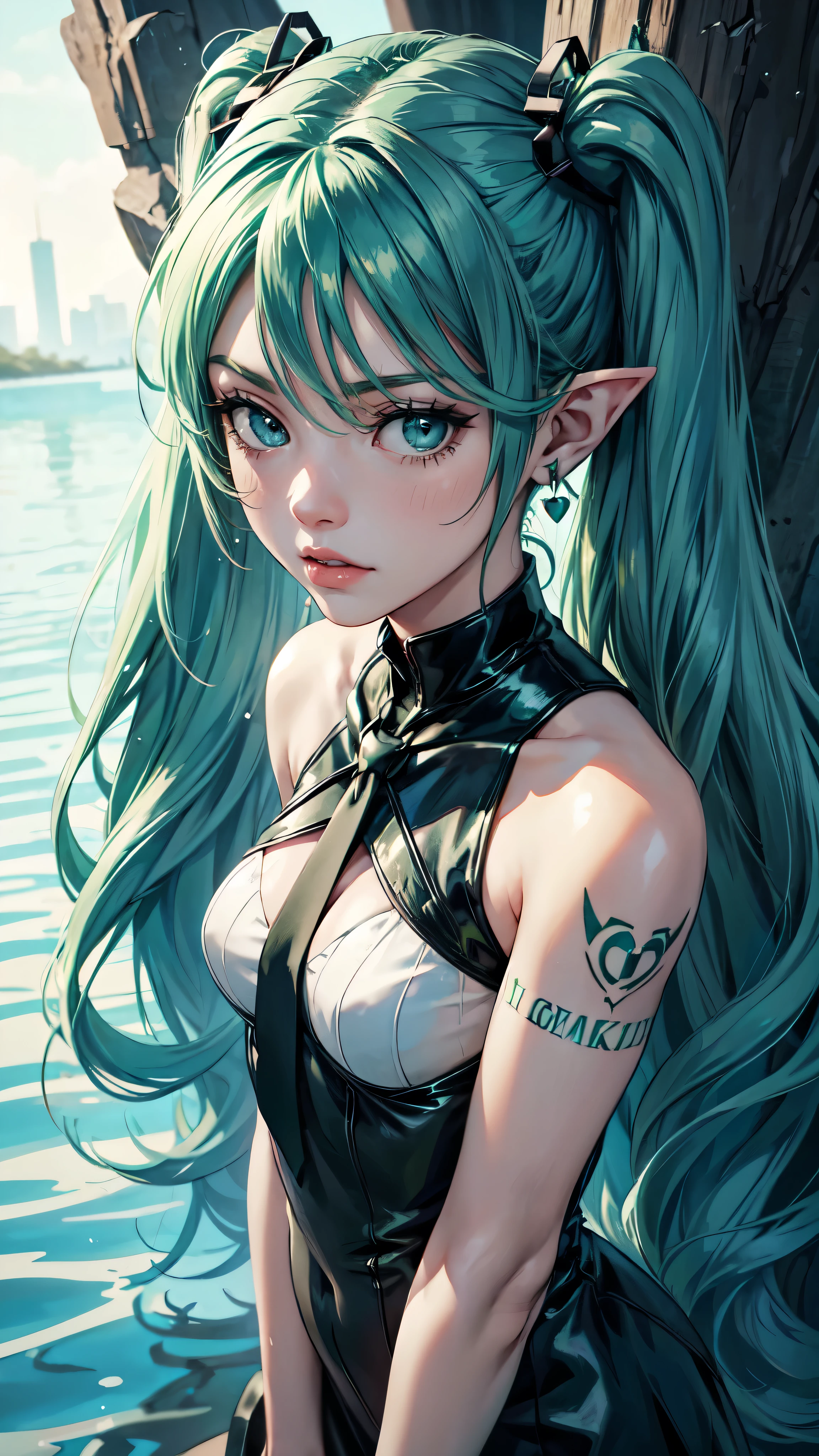 young girl, long blue sloppy hair, Green eyes, elf ears, Scars, Burns, ripped clothes, Sitting on the ground, sorrow, Tears, Masterpiece, highly quality