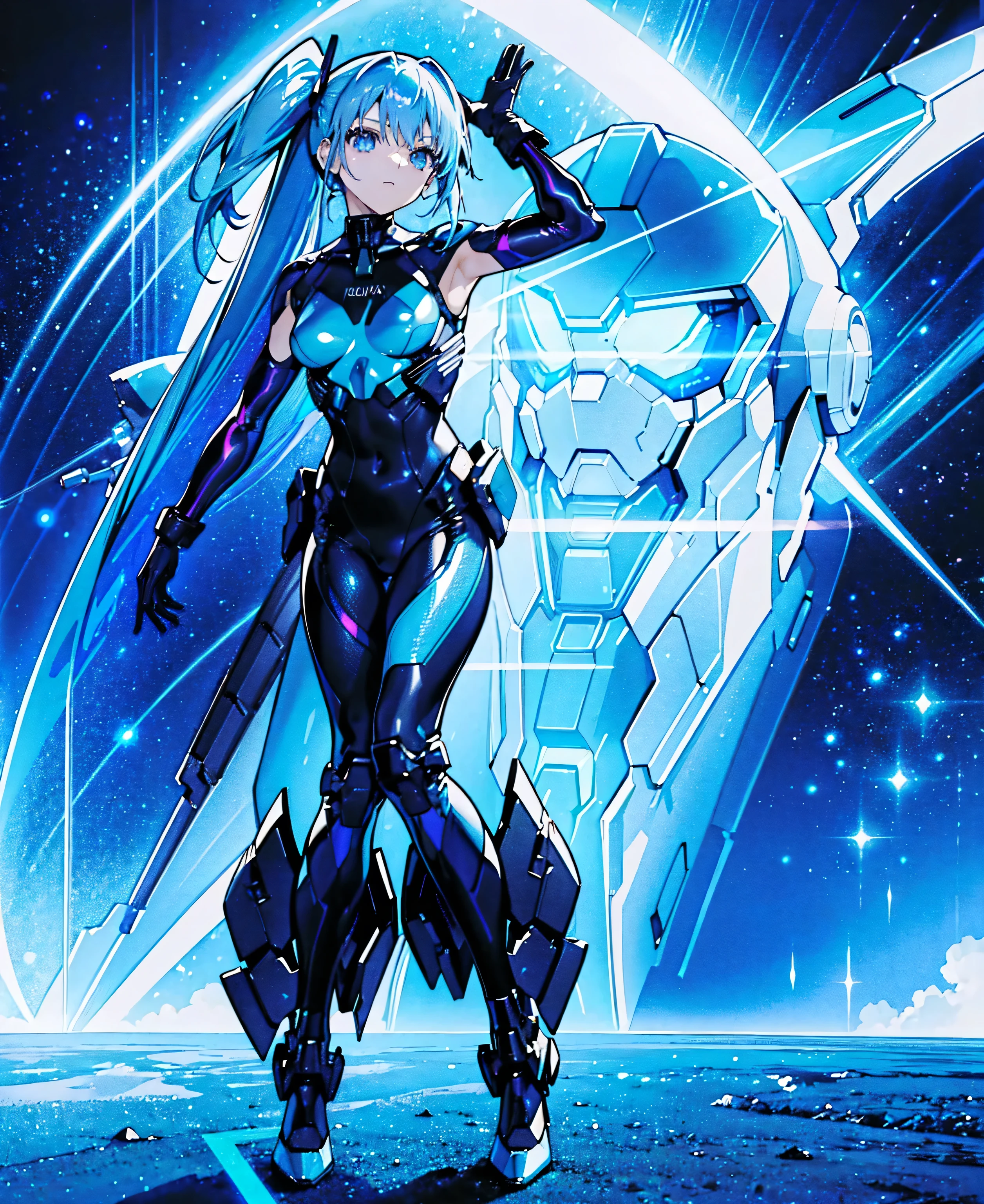 ((Holographic glow effect))、 blue hair 、Masterpiece、 Best Quality、1 person、Medium breast、(( album cover ))、 light on face、 slim body、 blue costume、Exoskeleton、Metal Gear、 cyberpunk style、 ponytails、Gundam Pilot、attention arousal，Ride a fighter jet 、 gloves up to the elbow ,Big Moon,Night Sky,Milky Way