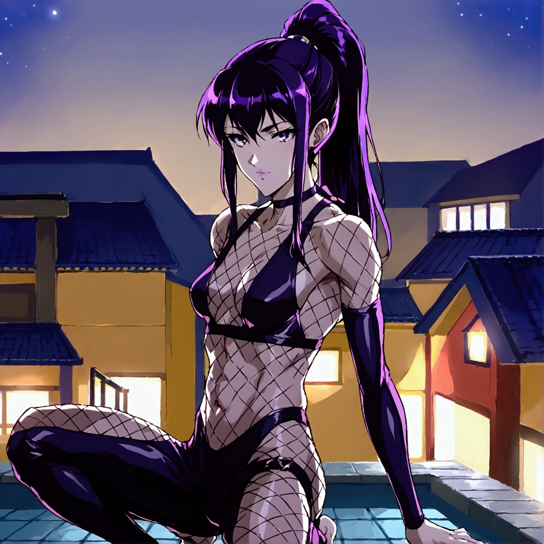  Bella Kunoichi young ,  on the tiles of a Japanese roof at night,  athletic body ,  He is looking at the camera ,  mischievous expression bites half a lip ,  His body is shaved by a mesh bodysuit , dark purple hair, high ponytail,  full body , Pose in squats , bare feet, flexible,  open legs.