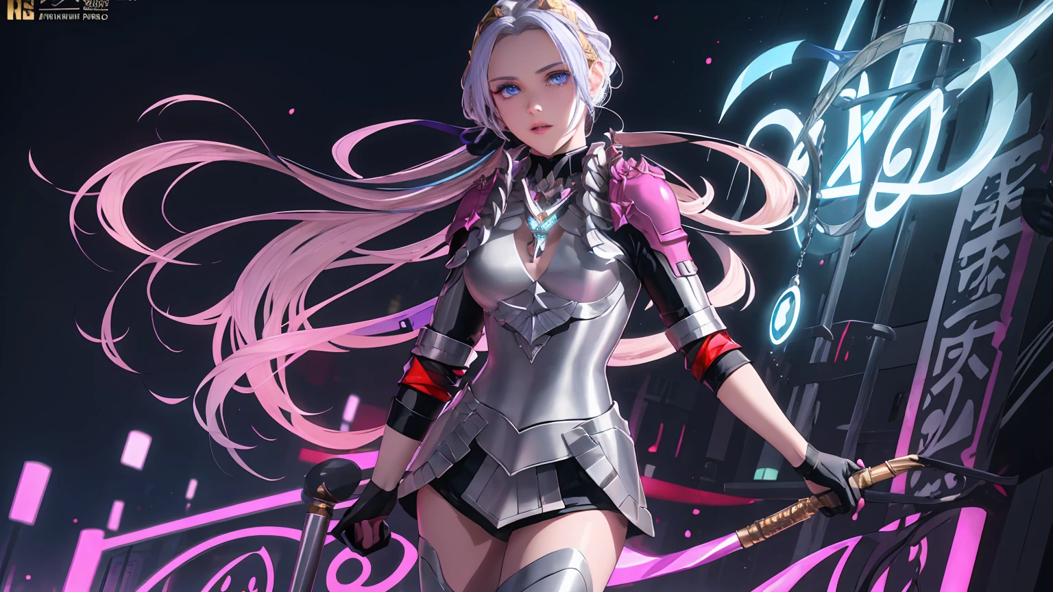 A solo girl in an urban fantasy anime-style portrait with a vibrant pop aesthetic. Violet eyes with a mesmerizing glow, long silver hair with blue highlights, a delicate and charming face, full lips, white skin with detailed texture, and a soft, natural radiance. A bomber jacket with glowing blue accents, intricate gold patterns, and ancient runes, paired with a rainbow-patterned bodysuit and metallic silver thigh-high boots. Fingerless gloves, metallic nails, gemstone details, a belt adorned with a mystical potion and an amulet, a glowing rune necklace, a crystal pendant, silver earrings, and a matching silver necklace.A perfectly proportioned figure with a slim waist, graceful curves, and delicate yet strong hands. A vibrant urban backdrop with bold graffiti art in sharp lines and intense colors, illuminated by dynamic lighting, modern setting. Ultra-high-definition artistry in UHD 4K and 8K resolution, featuring extreme detail, textured skin. A seamless blend of realism and fantasy, with vivid colors, striking patterns, and a confident. Dark fantasy elements fused with ethereal, Genshin Impact-inspired design, creating an immersive and breathtaking visual experience that celebrates beauty and individuality.