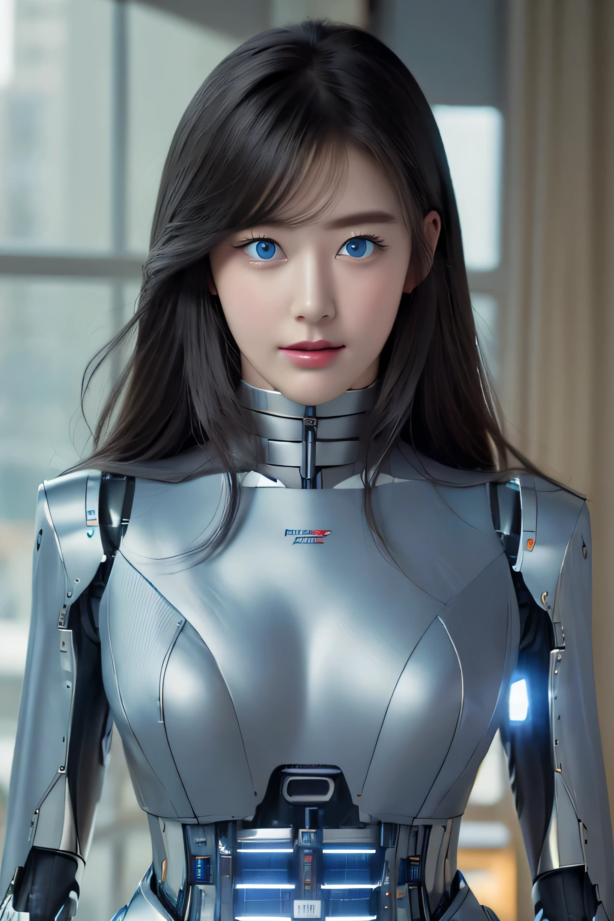 masterpiece, best quality, extremely detailed,  korean android girl,Plump , control panels,android,Droid,Mechanical Hand, Robot arms and legs, Black Robot Parts,Black hair,Mechanical body,Blunt bangs,White robotics parts,perfect robot girl,future information counter,reception,long tube,thick cable connected her neck,ceramic body ,mechanical body,mechanical costume,android,robot,humanoid,cyborg,information office,Korean android receptionist ,mechanical chest,blue eyes,