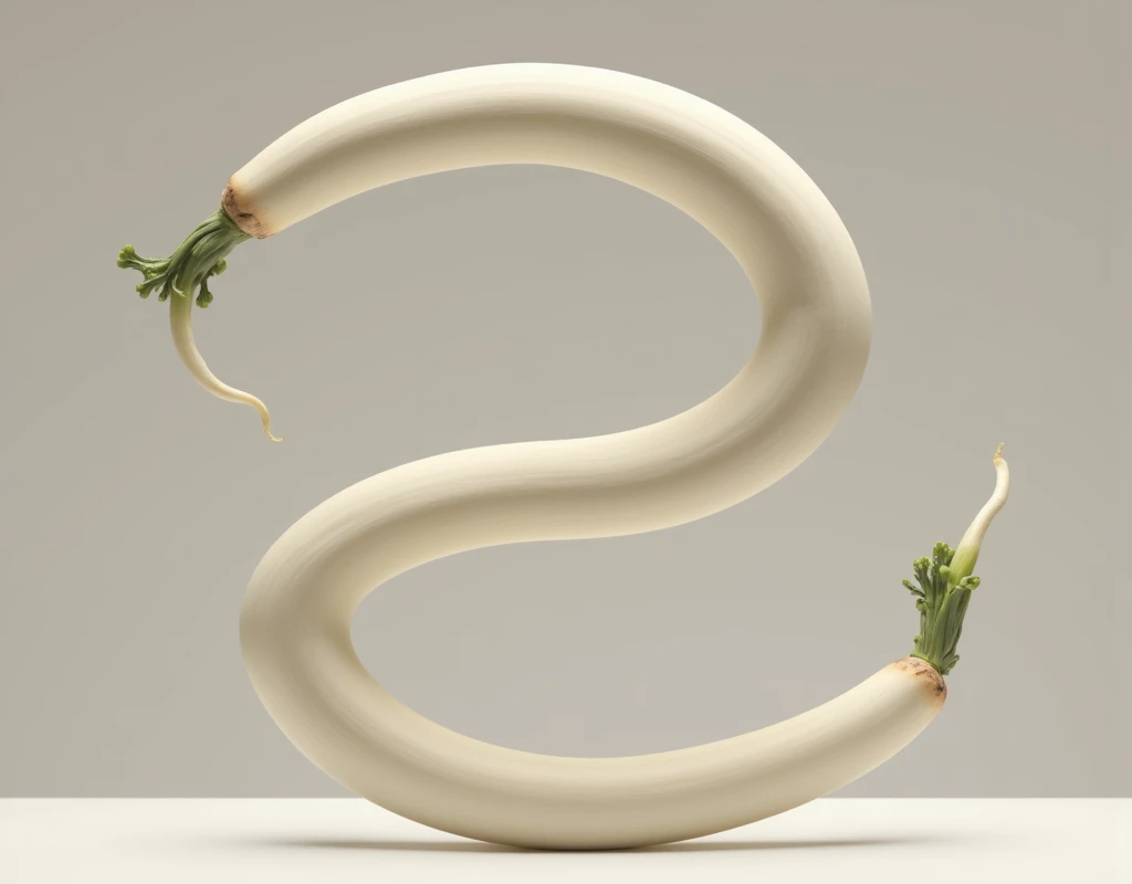 ((White, long, thick daikon ,  The tip of the daikon split in two from the middle、Twisted,  shaped like a woman's thigh )), masterpiece:1.5