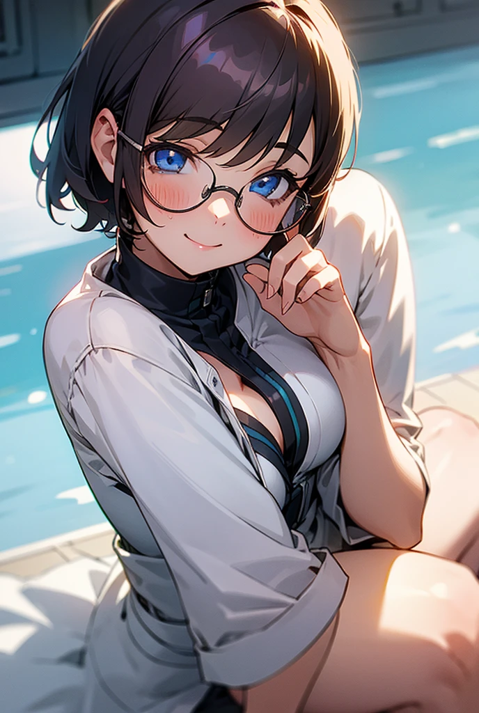 ((masterpiece)), ((highest quality)), (super detailed), ((cute)), cute, (Lovely), ((しんじられないほど超cute)), (device), ((very detailed)), 4k, (8k), highest quality, (beautiful), water colored pencils, genuineistic, genuine, focus on the face, whole body concentration, kindergarten, spring, Little、young girl, alone, brand blazer, brand dress shirt、brand pleated skirt、 beautiful dark brown hair, beautiful purple eyes, ((beautiful eyes with highlights )), white skin, bob cut ponytail, transparent hair, translucent hair, big breasts, detailed and shiny tights, Glasses, smile, wind effect, reflection effect