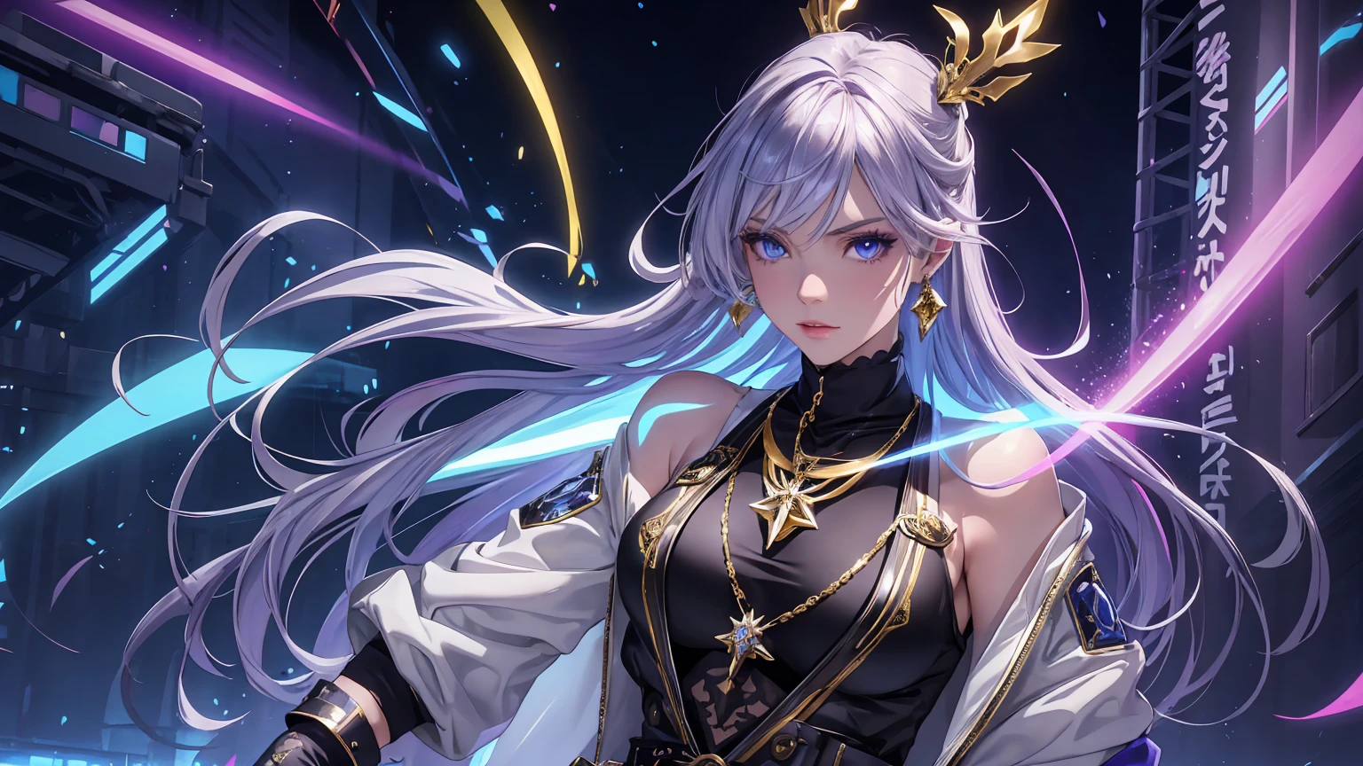 A solo girl in an urban fantasy anime-style portrait with a vibrant pop aesthetic. Violet eyes with a mesmerizing glow, long silver hair with blue highlights, a delicate and charming face, full lips, white skin with detailed texture, and a soft, natural radiance. A bomber jacket with glowing blue accents, intricate gold patterns, and ancient runes, paired with a rainbow-patterned bodysuit and metallic silver thigh-high boots. Fingerless gloves, metallic nails, gemstone details, a belt adorned with a mystical potion and an amulet, a glowing rune necklace, a crystal pendant, silver earrings, and a matching silver necklace.A perfectly proportioned figure with a slim waist, graceful curves, and delicate yet strong hands. A vibrant urban backdrop with bold graffiti art in sharp lines and intense colors, illuminated by dynamic lighting, modern setting. Ultra-high-definition artistry in UHD 4K and 8K resolution, featuring extreme detail, textured skin. A seamless blend of realism and fantasy, with vivid colors, striking patterns, and a confident. Dark fantasy elements fused with ethereal, Genshin Impact-inspired design, creating an immersive and breathtaking visual experience that celebrates beauty and individuality.