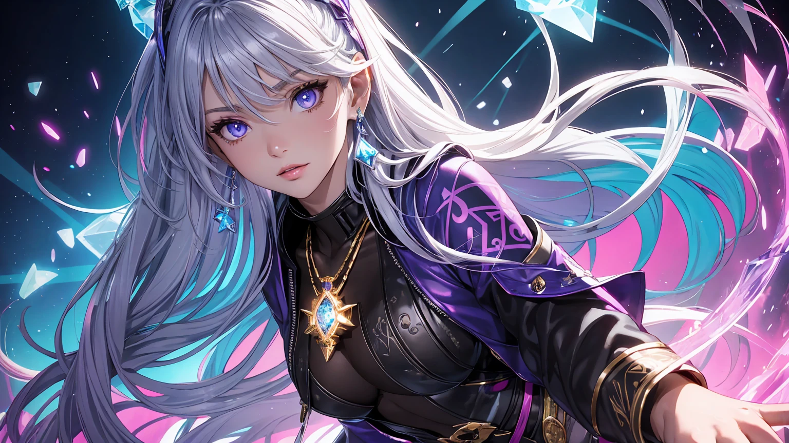 A solo girl in an urban fantasy anime-style portrait with a vibrant pop aesthetic. Violet eyes with a mesmerizing glow, long silver hair with blue highlights, a delicate and charming face, full lips, white skin with detailed texture, and a soft, natural radiance. A bomber jacket with glowing blue accents, intricate gold patterns, and ancient runes, paired with a rainbow-patterned bodysuit and metallic silver thigh-high boots. Fingerless gloves, metallic nails, gemstone details, a belt adorned with a mystical potion and an amulet, a glowing rune necklace, a crystal pendant, silver earrings, and a matching silver necklace.A perfectly proportioned figure with a slim waist, graceful curves, and delicate yet strong hands. A vibrant urban backdrop with bold graffiti art in sharp lines and intense colors, illuminated by dynamic lighting, modern setting. Ultra-high-definition artistry in UHD 4K and 8K resolution, featuring extreme detail, textured skin. A seamless blend of realism and fantasy, with vivid colors, striking patterns, and a confident. Dark fantasy elements fused with ethereal, Genshin Impact-inspired design, creating an immersive and breathtaking visual experience that celebrates beauty and individuality.